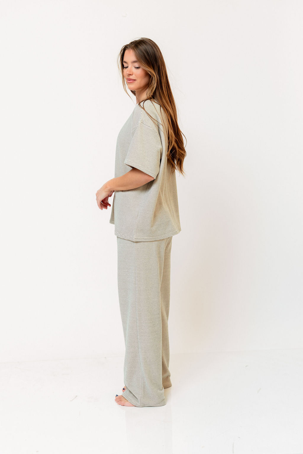 Naomi Striped Fleece Short Sleeve Top in Cream/Green - Bump Friendly - Image 7