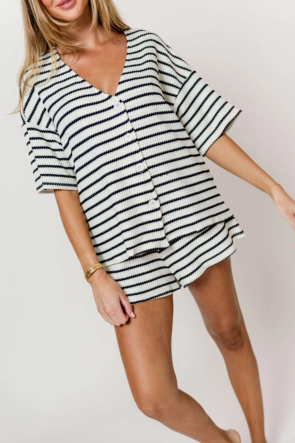 Colby Striped Oversize Button Down Top and Shorts Set in Off White/Navy - Image 2