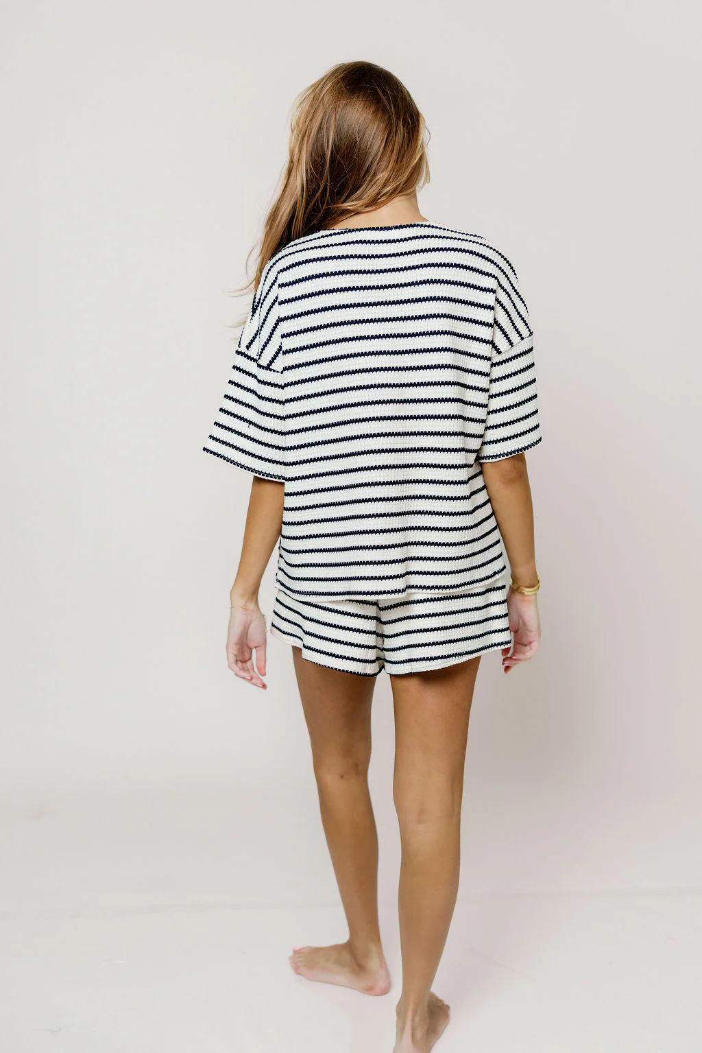 Colby Striped Oversize Button Down Top and Shorts Set in Off White/Navy - Image 6