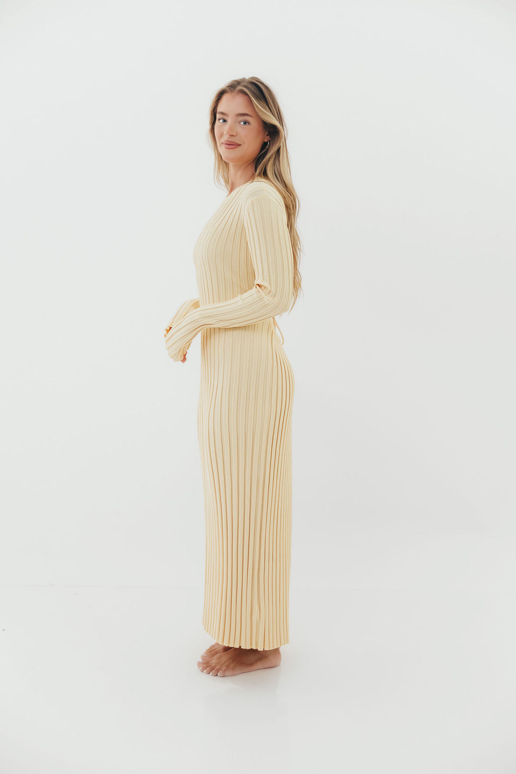 Colette Premium Long Sleeved Ribbed Knit Maxi Dress in Butter Yellow - Bump Friendly *Final-Sale* - Image 3