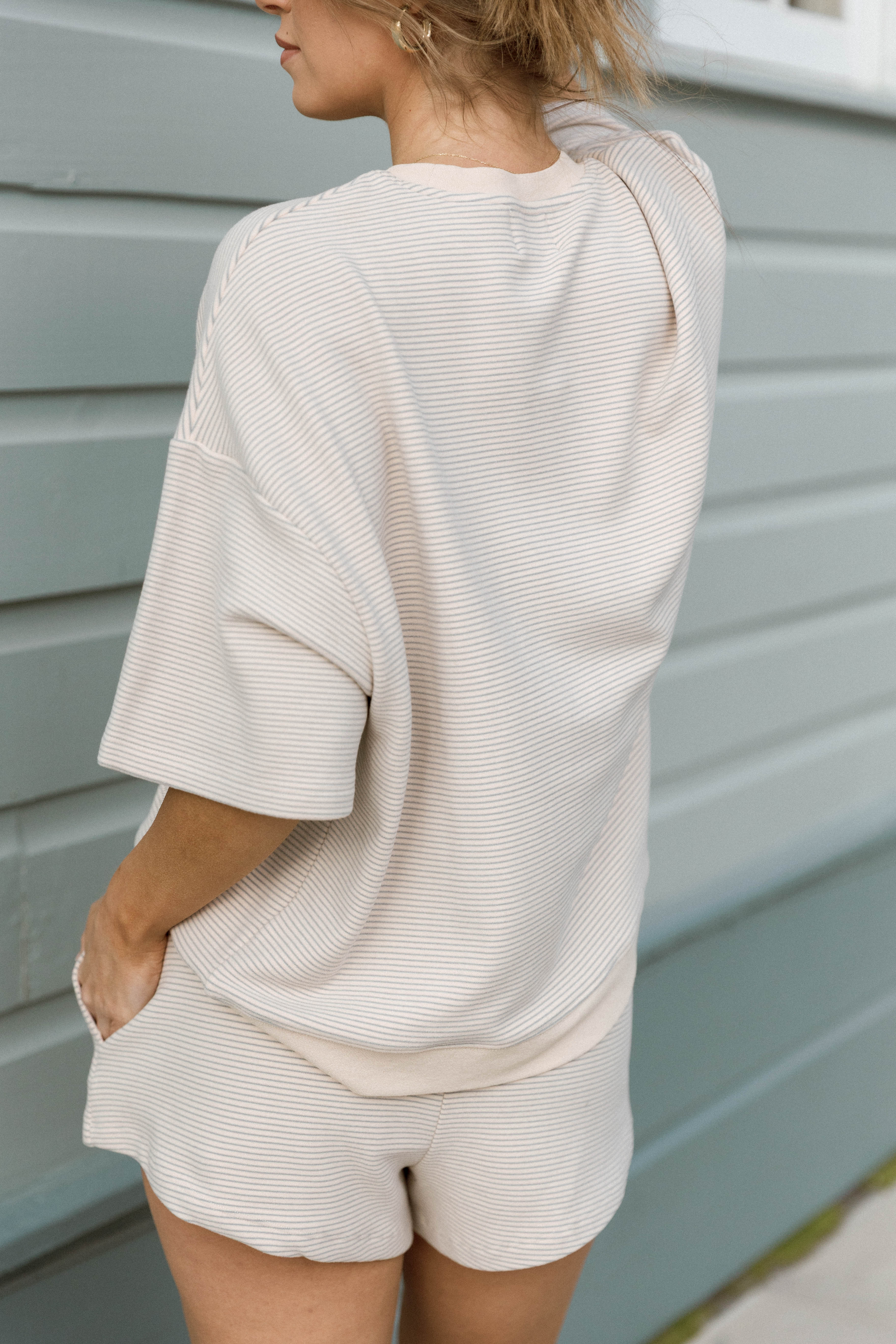 Lynn Premium Fleece Short Sleeve Top in Cream/Grey Striped - Image 5