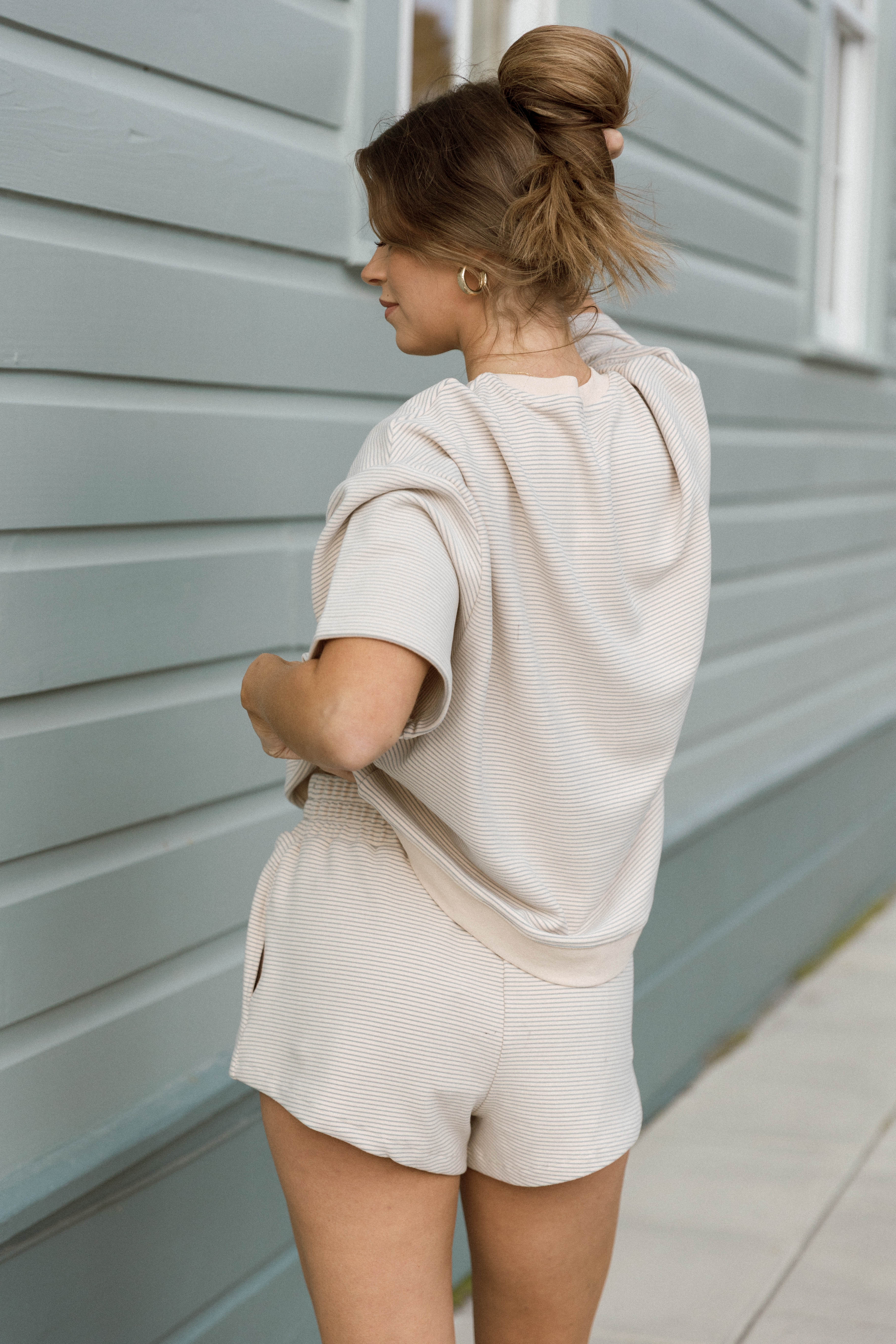 Lynn Premium Fleece Short Sleeve Top in Cream/Grey Striped - Image 8
