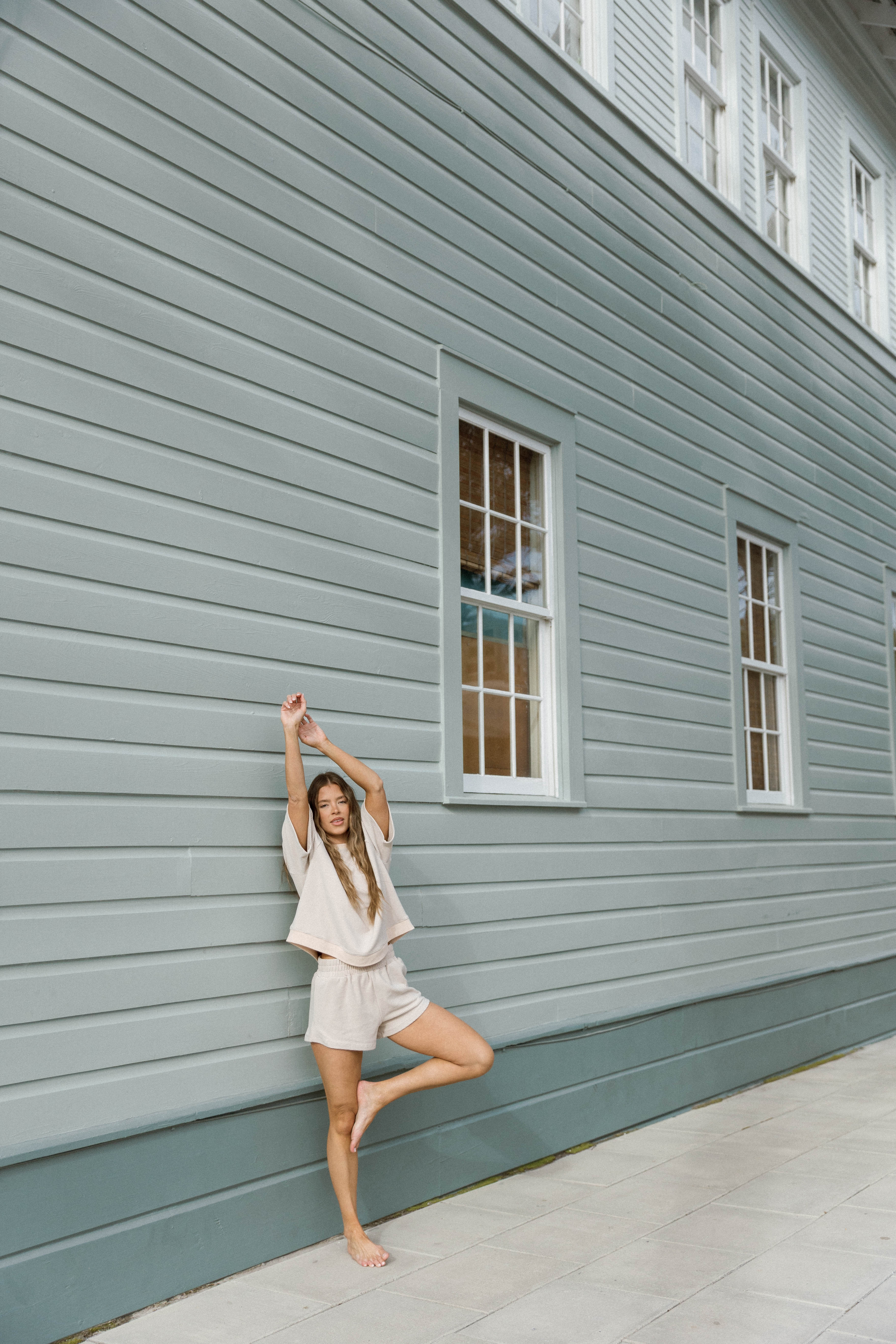 Lynn Premium Fleece Short Sleeve Top in Cream/Grey Striped - Image 9