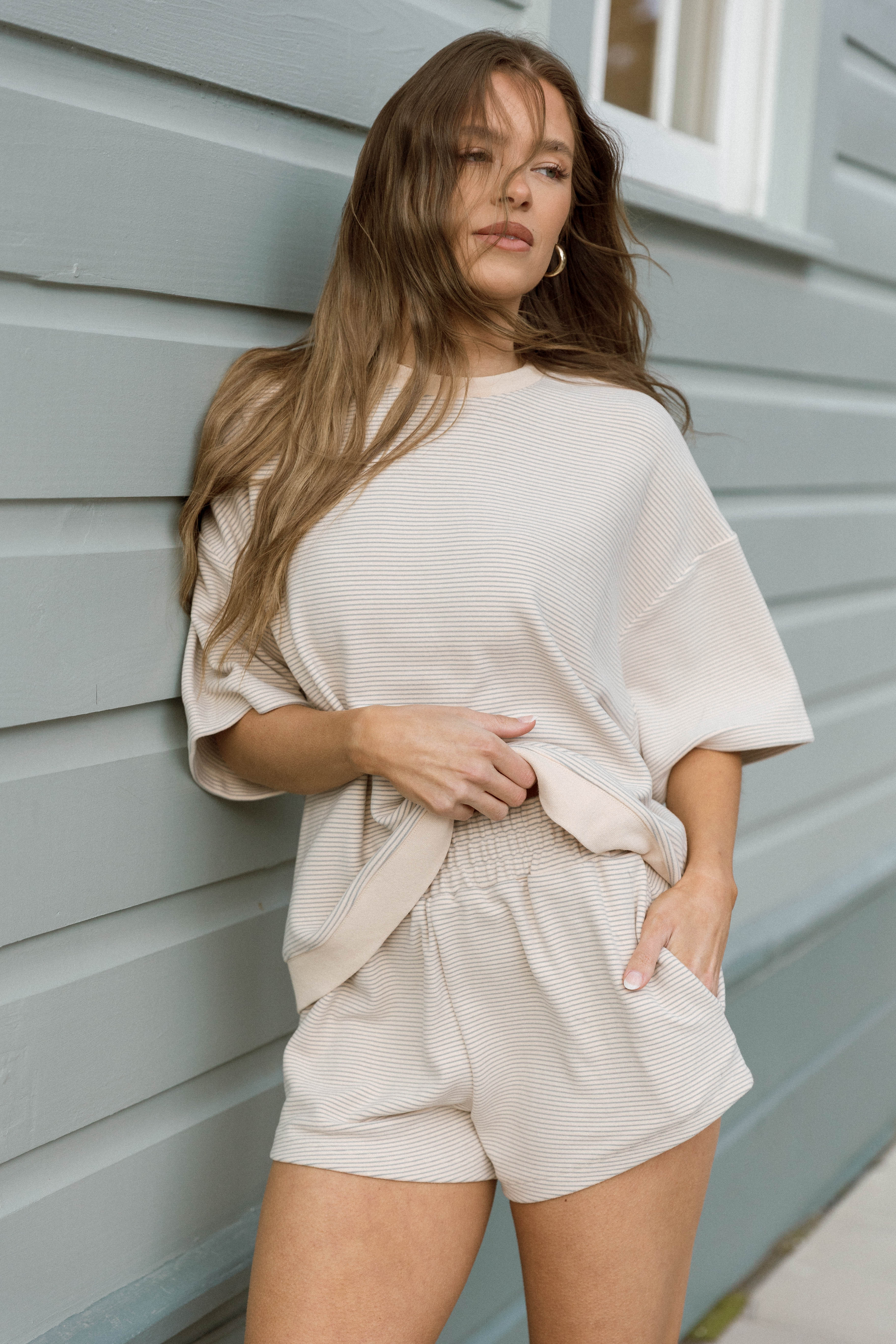 Lynn Premium Fleece Short Sleeve Top in Cream/Grey Striped - Image 11