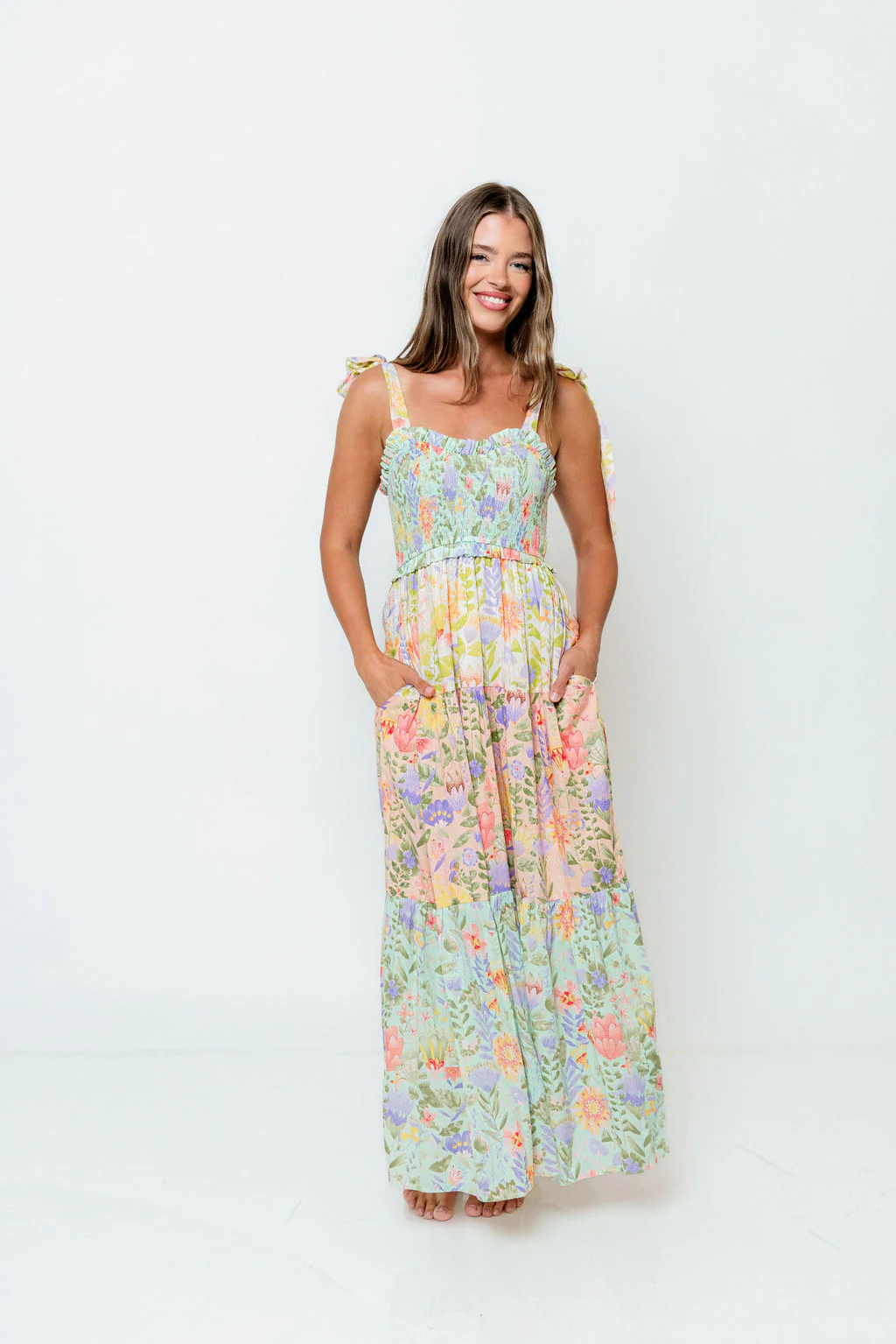Constance Smocked V-neck Tiered Multi Print Maxi Dress in Garden Dream