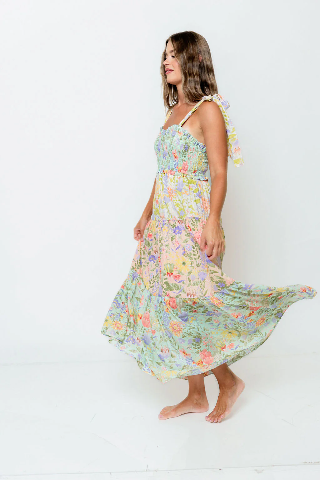 Constance Smocked V-neck Tiered Multi Print Maxi Dress in Garden Dream - Image 3