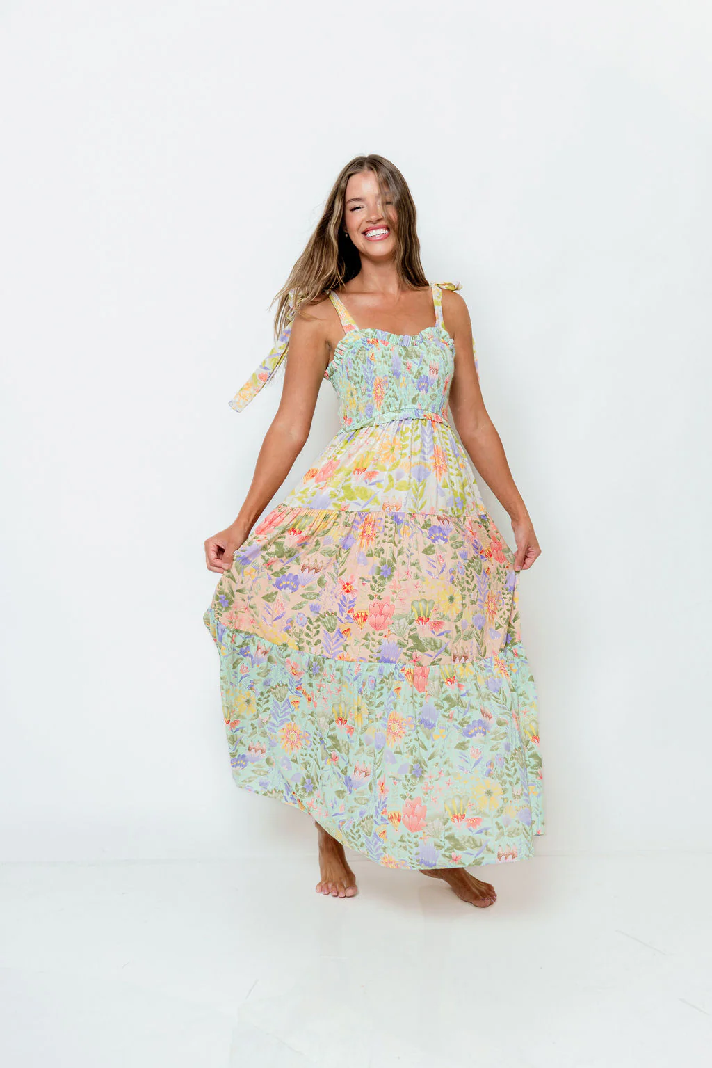 Constance Smocked V-neck Tiered Multi Print Maxi Dress in Garden Dream - Image 4