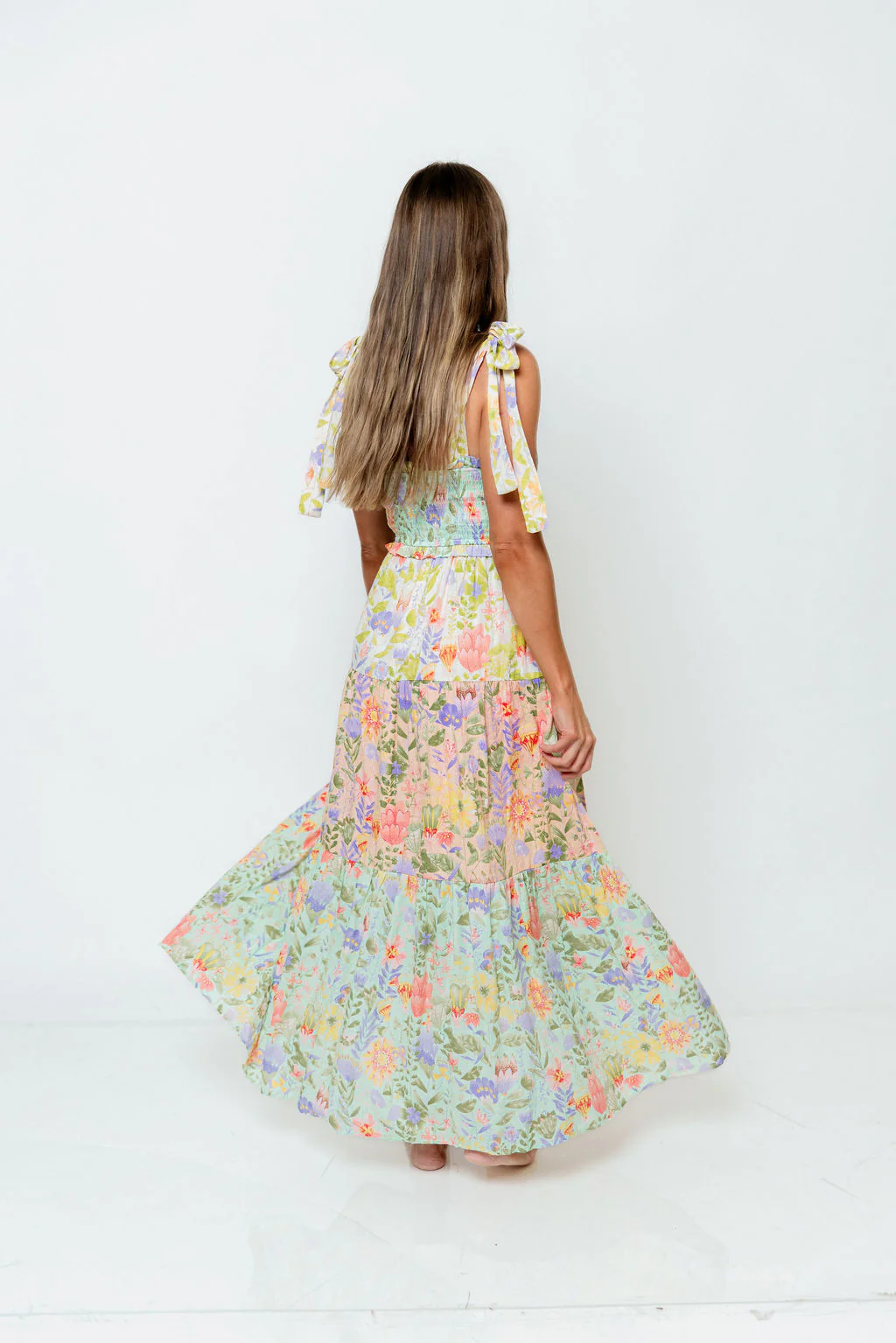 Constance Smocked V-neck Tiered Multi Print Maxi Dress in Garden Dream - Image 5
