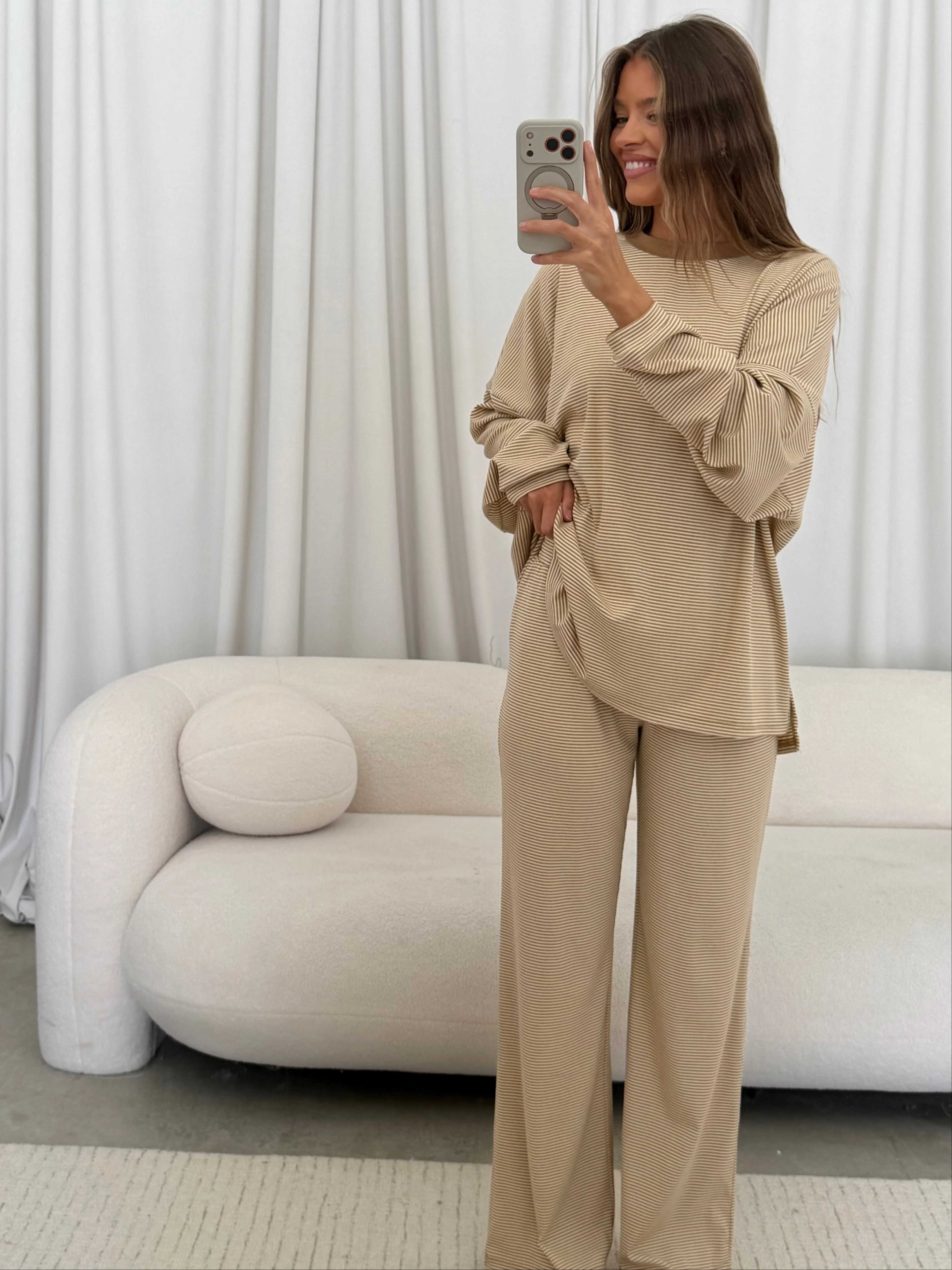 Crawford Striped Ribbed Pants in Latte - Image 2