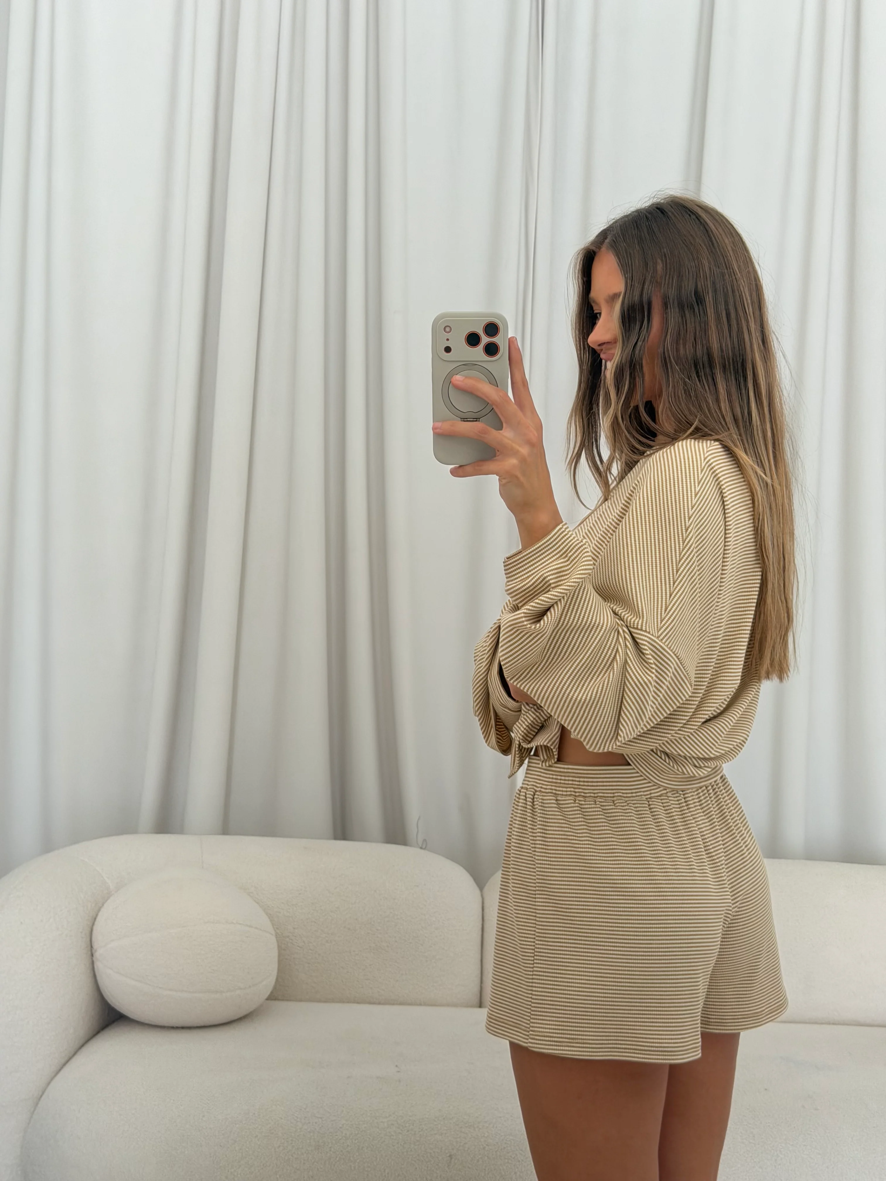 Crawford Striped Ribbed Shorts in Latte - Image 11