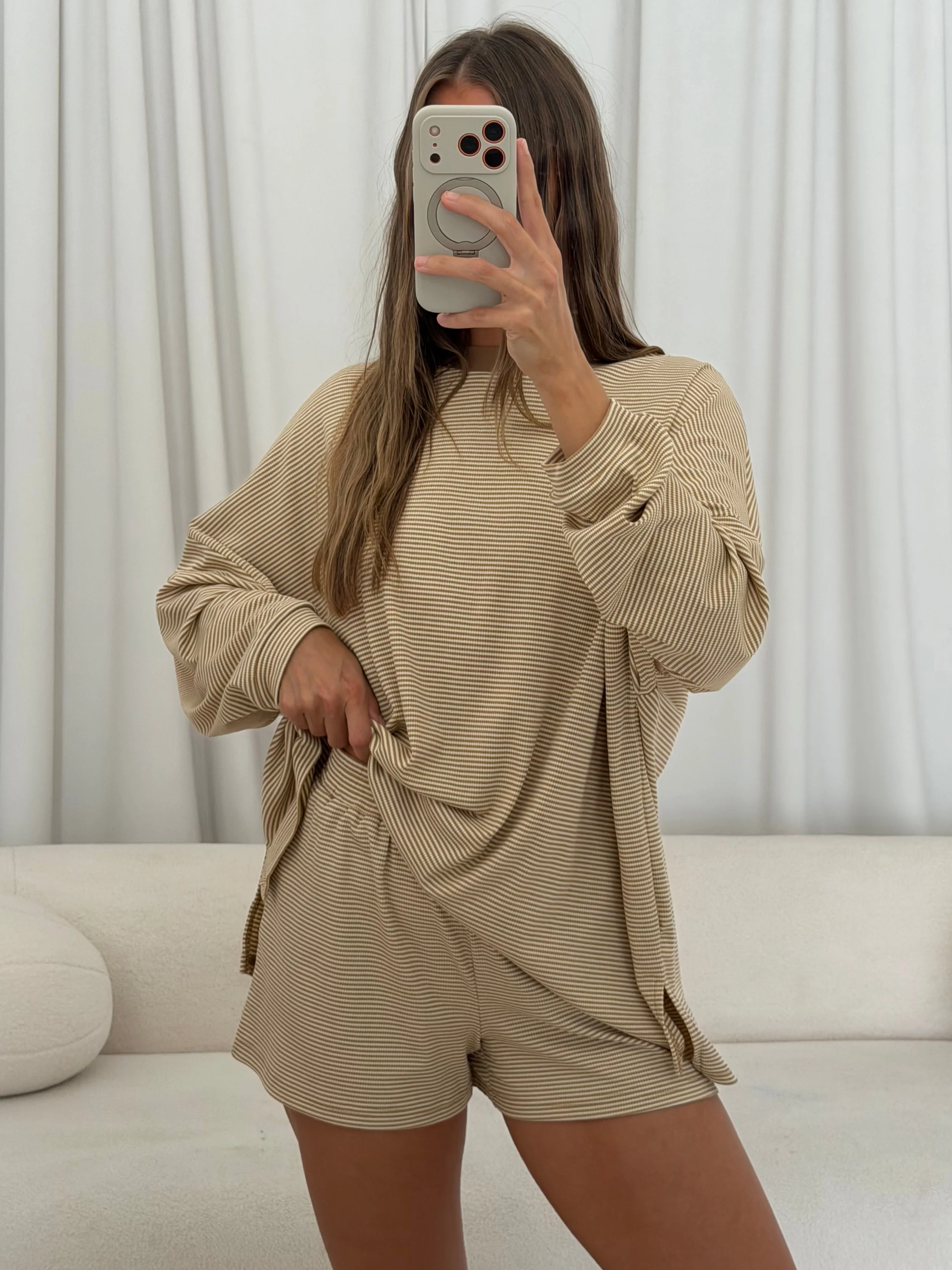 Crawford Striped Ribbed Shorts in Latte - Image 2