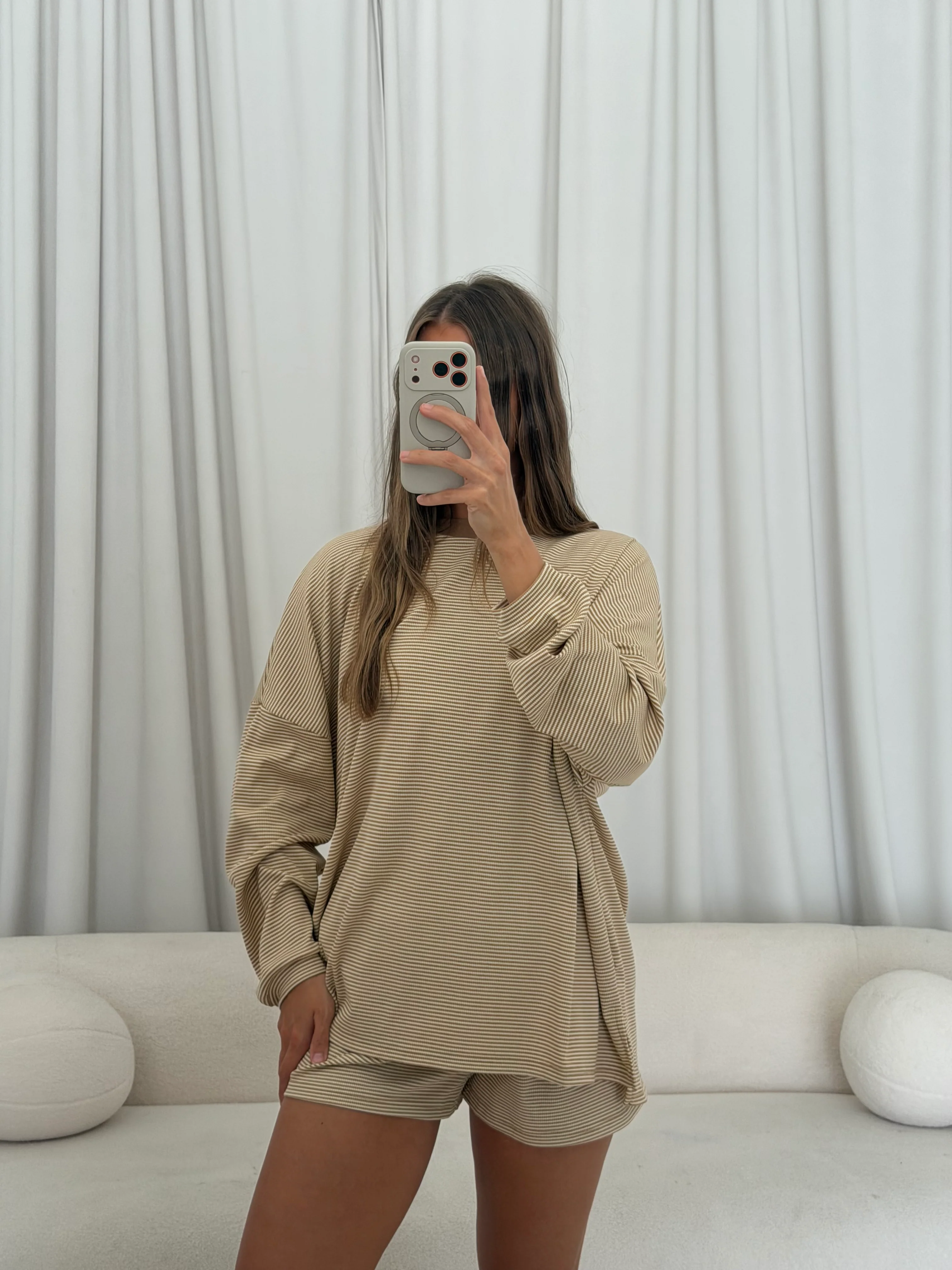 Crawford Striped Ribbed Shorts in Latte - Image 4