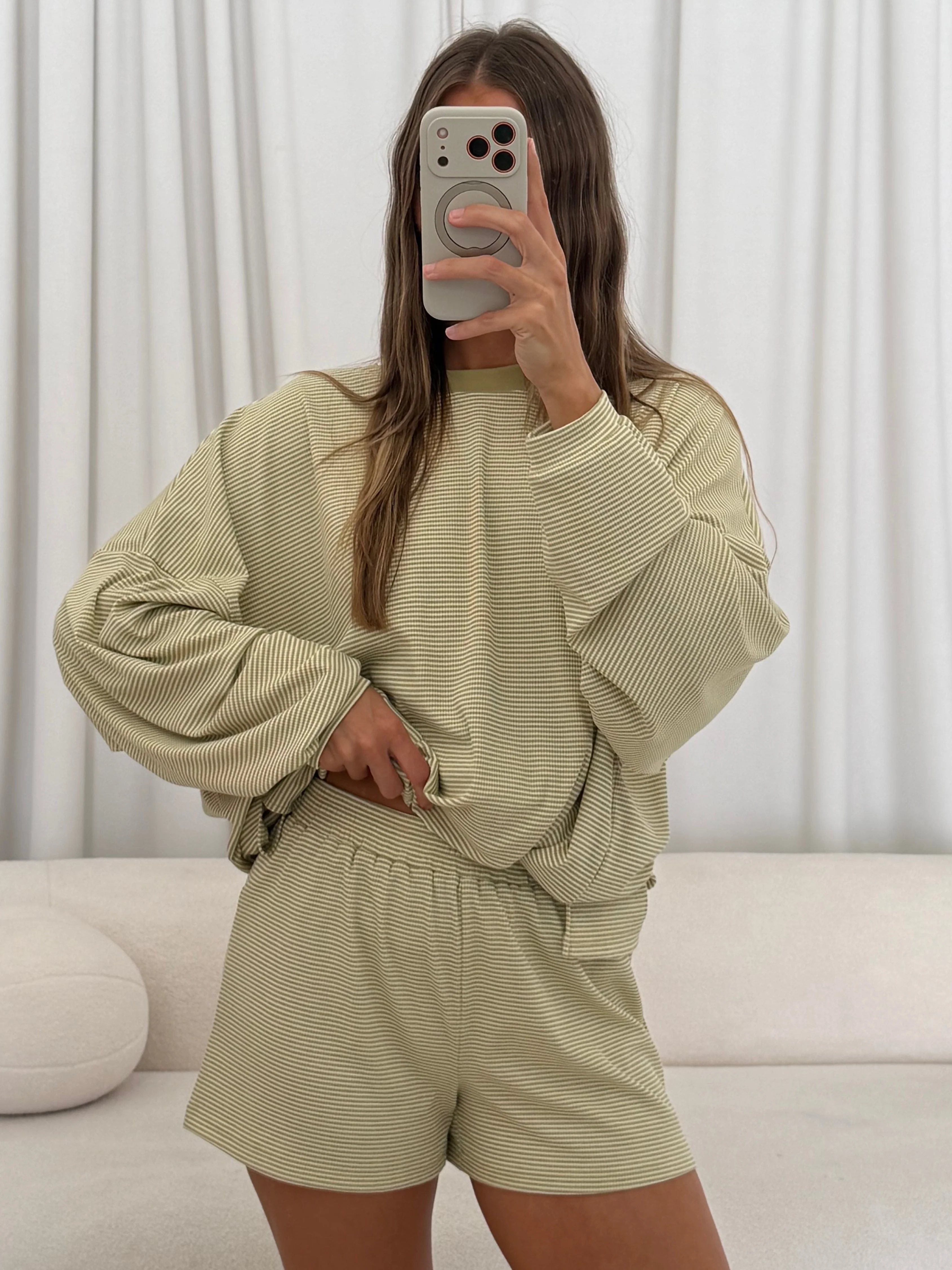 Crawford Striped Ribbed Shorts in Sage - Image 2