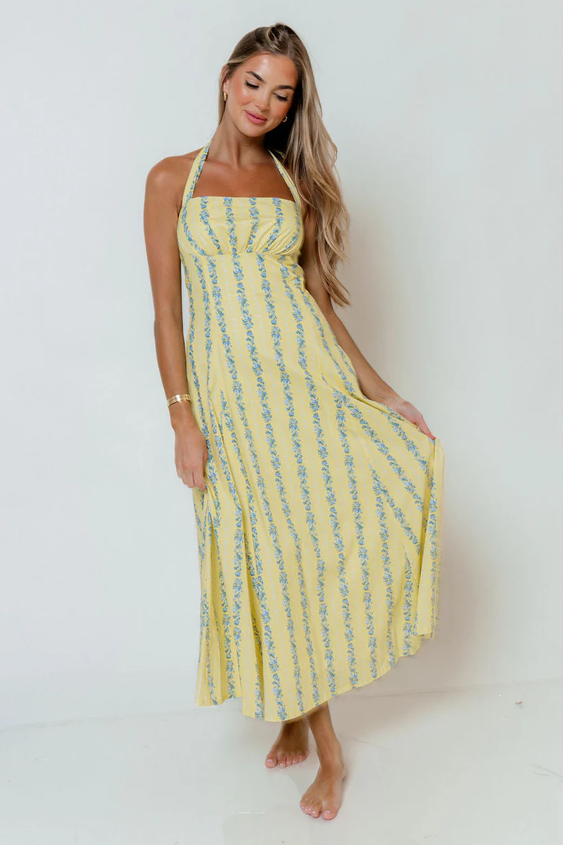 Dahlia Floral Striped Midi Dress in Yellow/Light Blue - Image 2