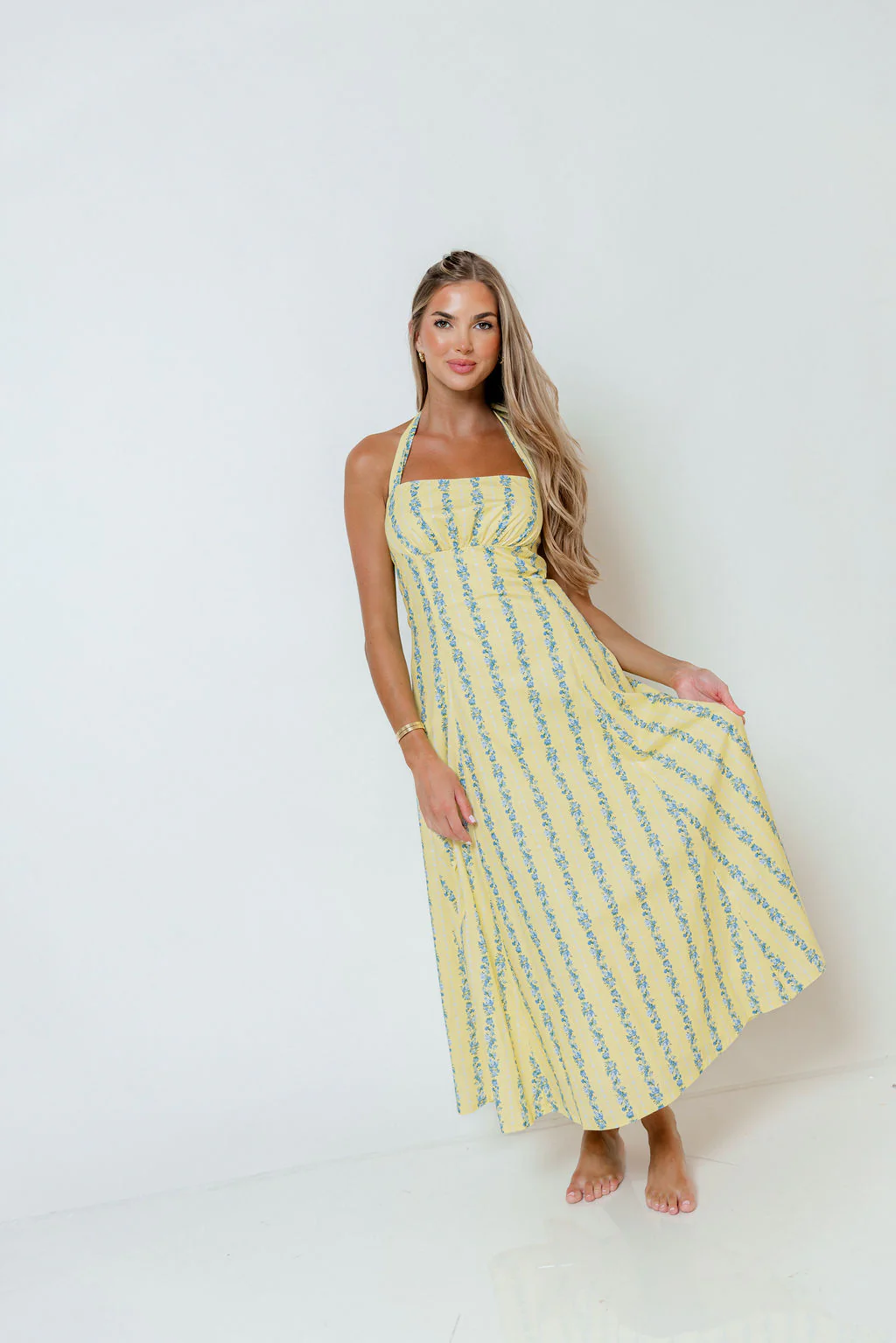 Dahlia Floral Striped Midi Dress in Yellow/Light Blue - Image 3
