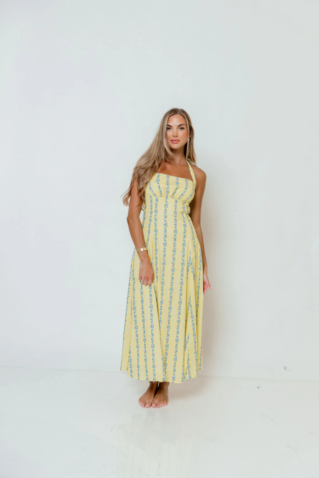 Dahlia Floral Striped Midi Dress in Yellow/Light Blue - Image 4