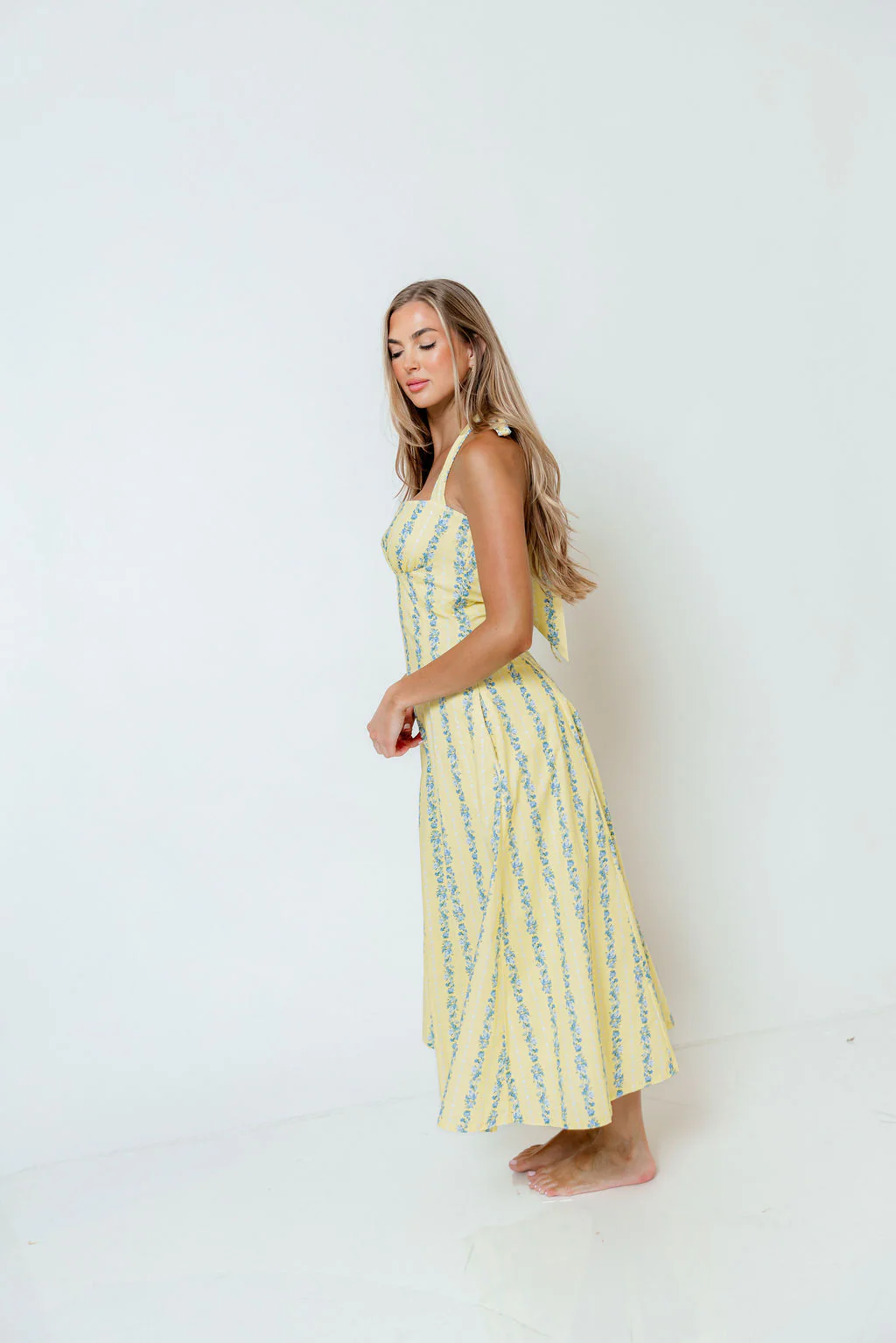Dahlia Floral Striped Midi Dress in Yellow/Light Blue - Image 5
