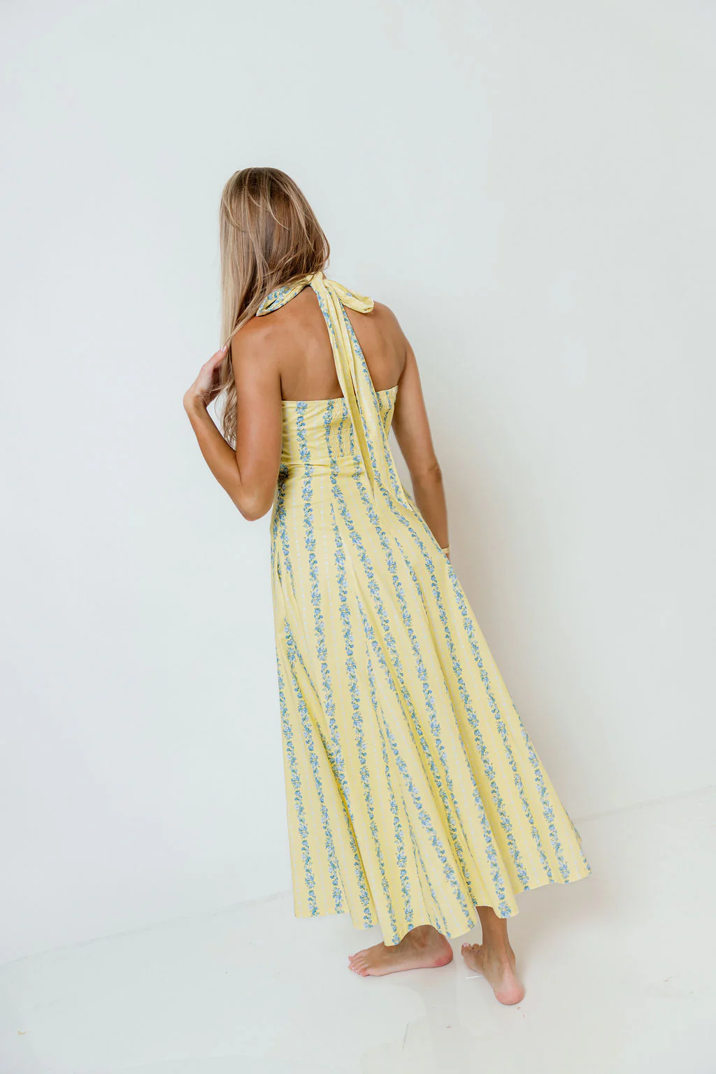 Dahlia Floral Striped Midi Dress in Yellow/Light Blue - Image 6