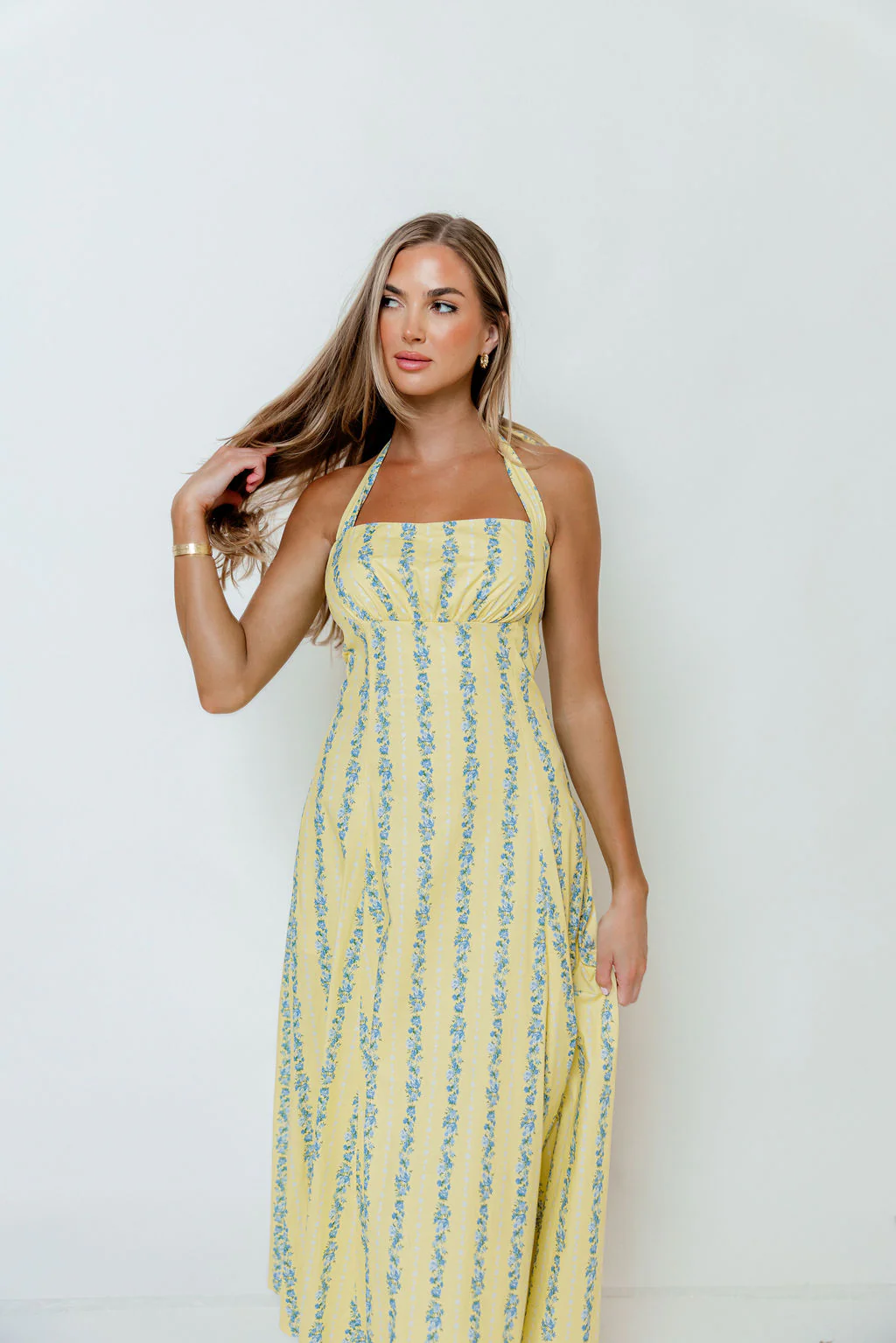 Dahlia Floral Striped Midi Dress in Yellow/Light Blue - Image 7
