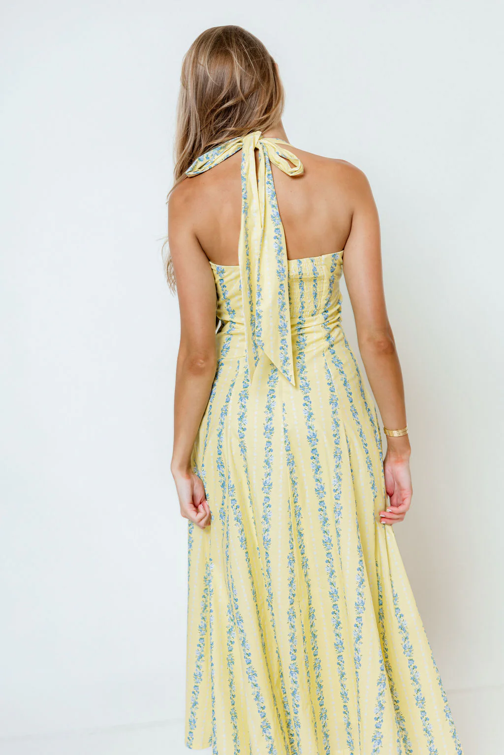Dahlia Floral Striped Midi Dress in Yellow/Light Blue - Image 8