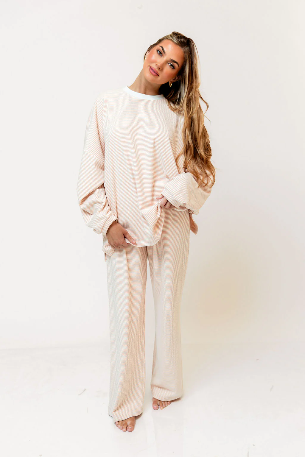 Naomi Striped Oversized Fleece Long Sleeve Top in Blush - Bump Friendly - Image 12