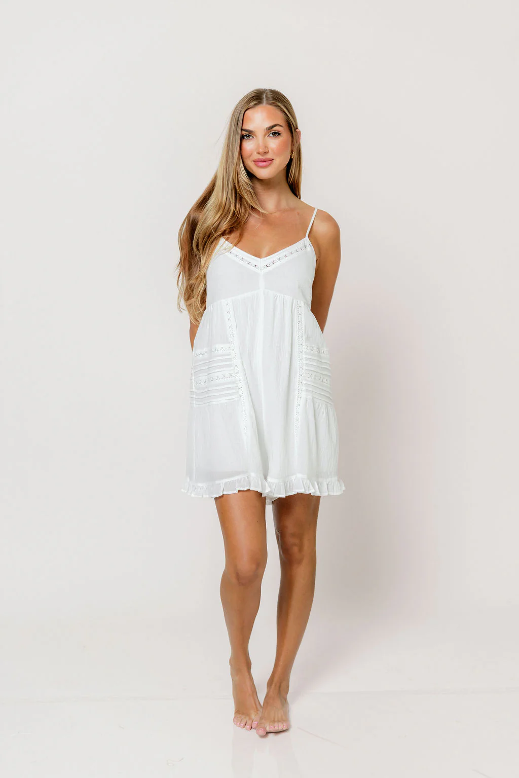 Dara Lace Trim Ruffle Hem Romper in Off White - Image 3