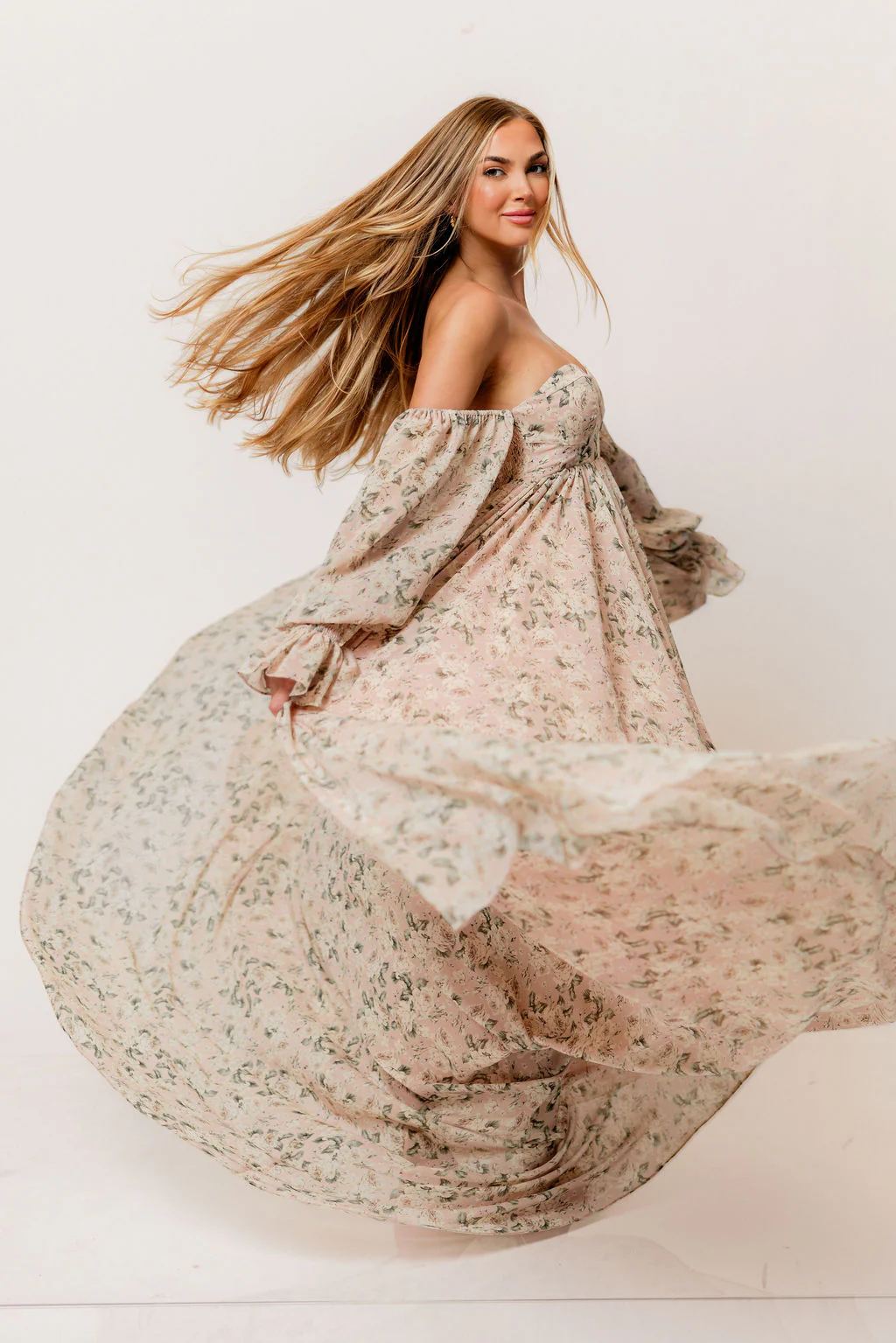 Delilah Floral Maxi Dress with Train in Blush/Grey - Bump Friendly - Image 5