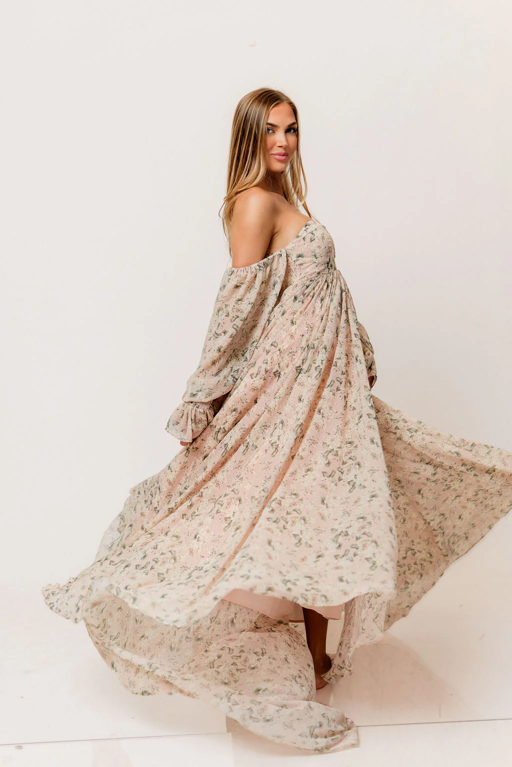 Delilah Floral Maxi Dress with Train in Blush/Grey - Bump Friendly - Image 6
