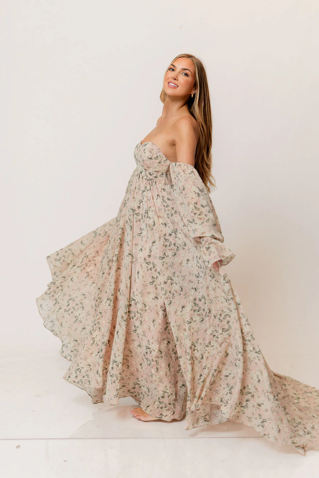 Delilah Floral Maxi Dress with Train in Blush/Grey - Bump Friendly - Image 7