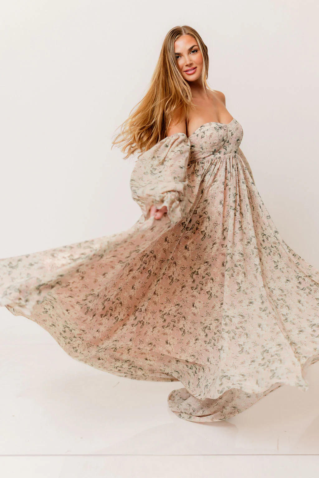Delilah Floral Maxi Dress with Train in Blush/Grey - Bump Friendly - Image 8