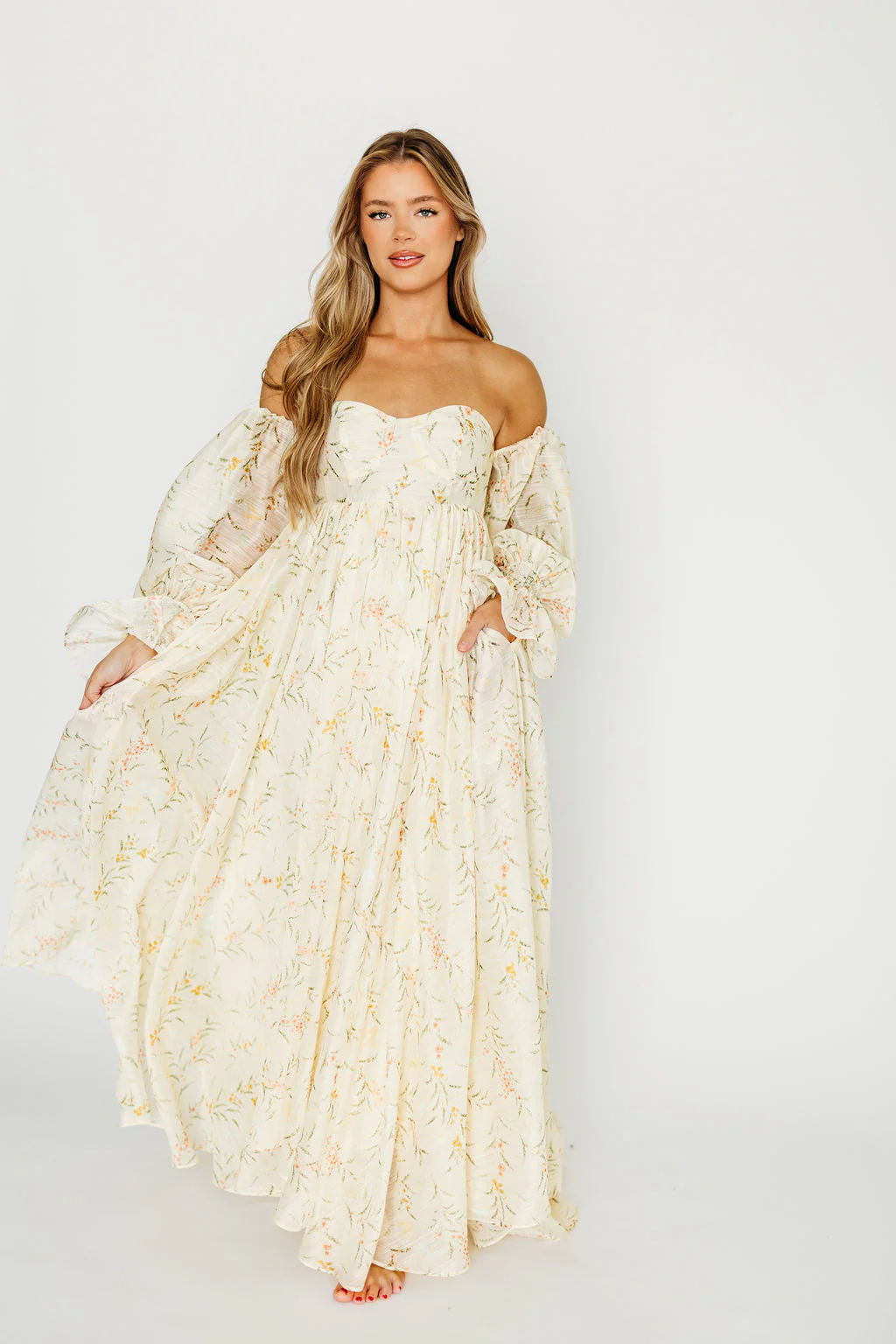 Delilah Maxi Dress With Train in Cream Floral - Bump Friendly - Image 11