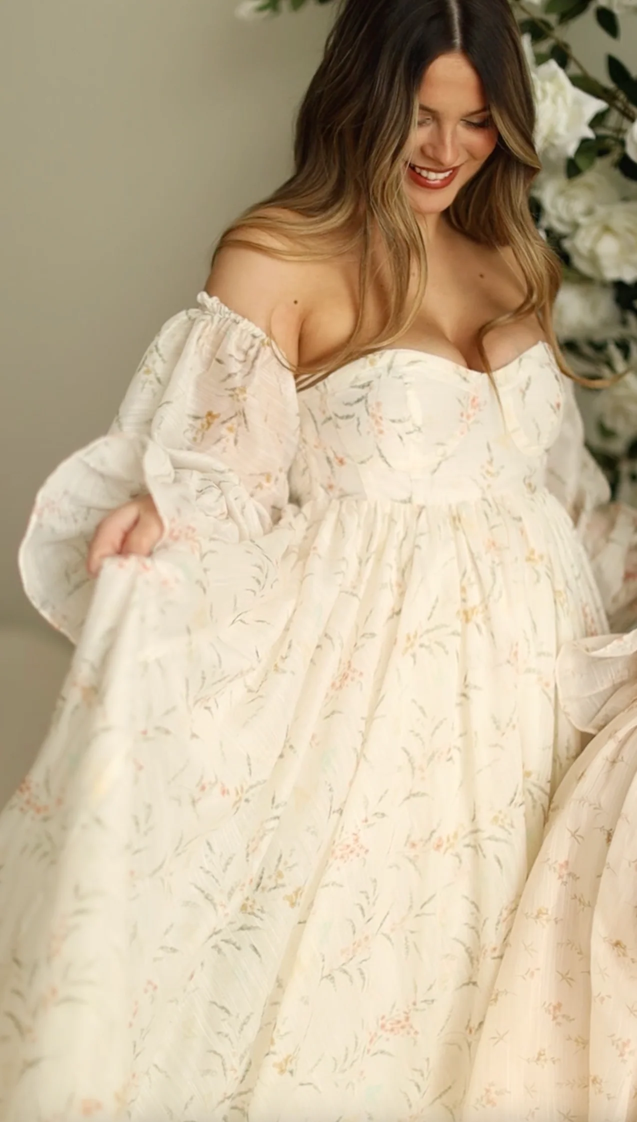 Delilah Maxi Dress With Train in Cream Floral - Bump Friendly - Image 19