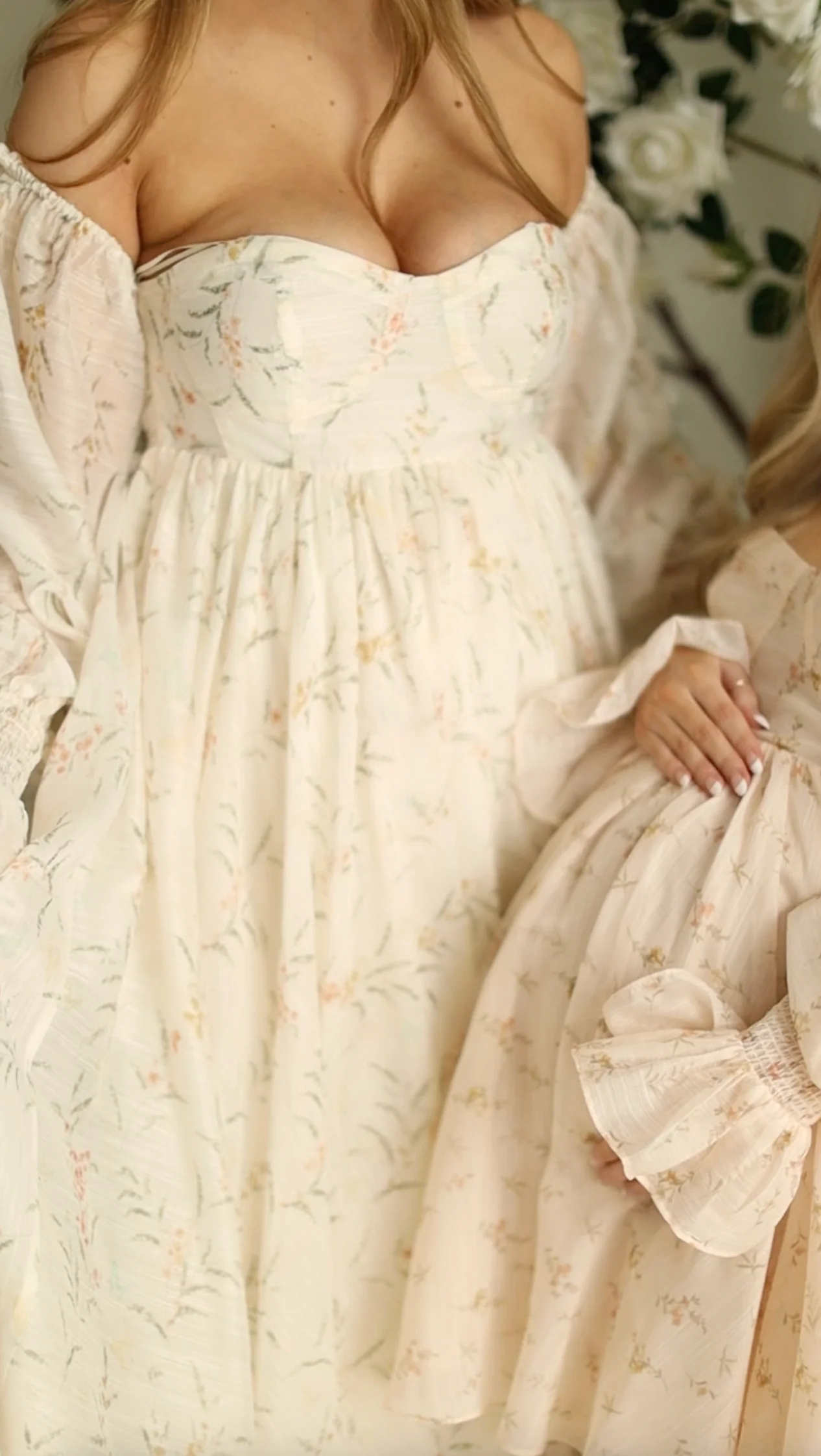 Delilah Maxi Dress With Train in Cream Floral - Bump Friendly - Image 26