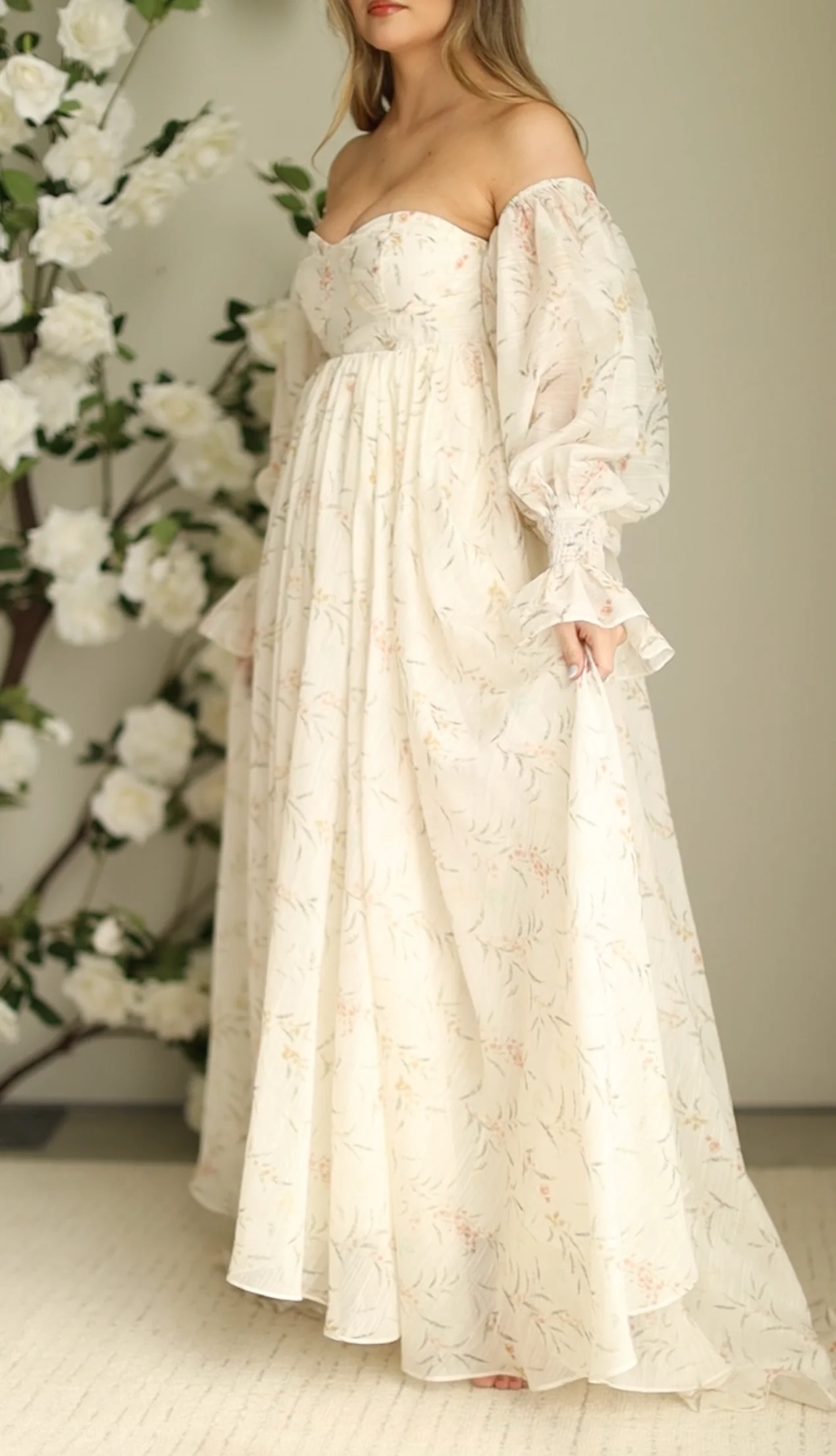 Delilah Maxi Dress With Train in Cream Floral - Bump Friendly - Image 7