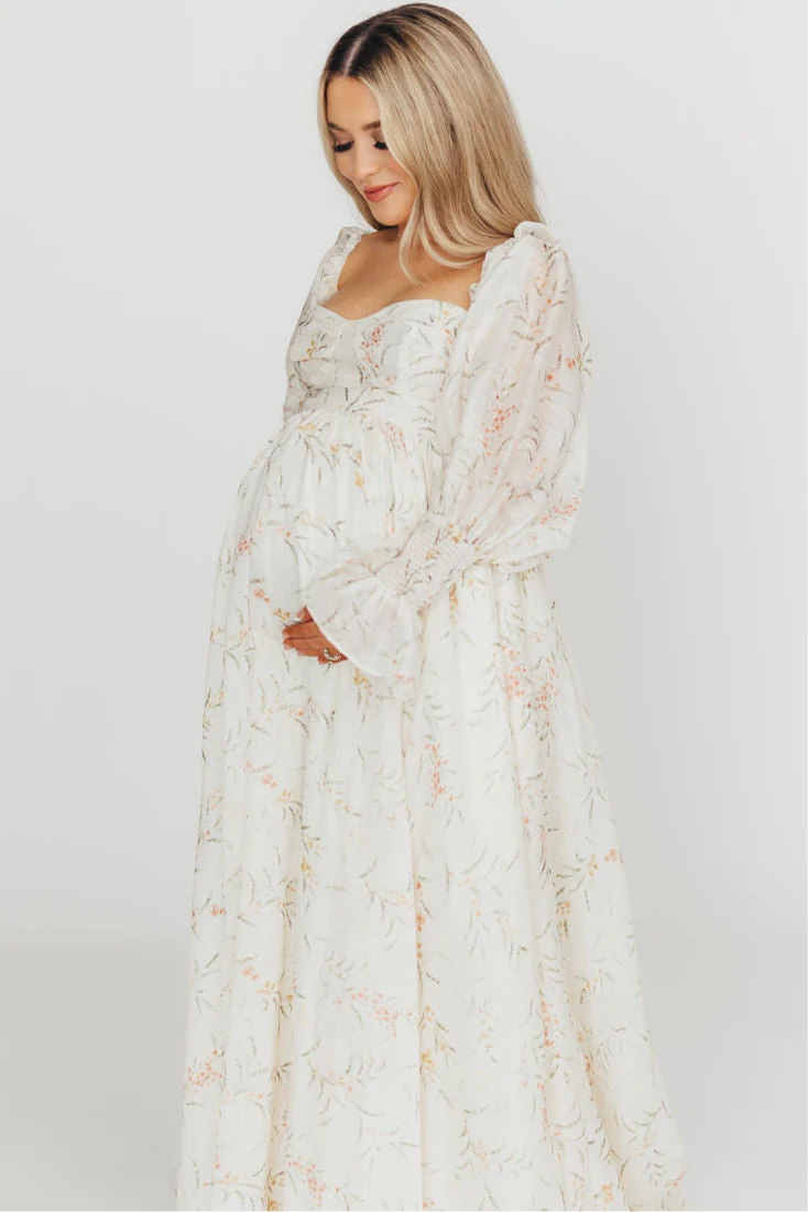 Delilah Maxi Dress With Train in Cream Floral - Bump Friendly - Image 8