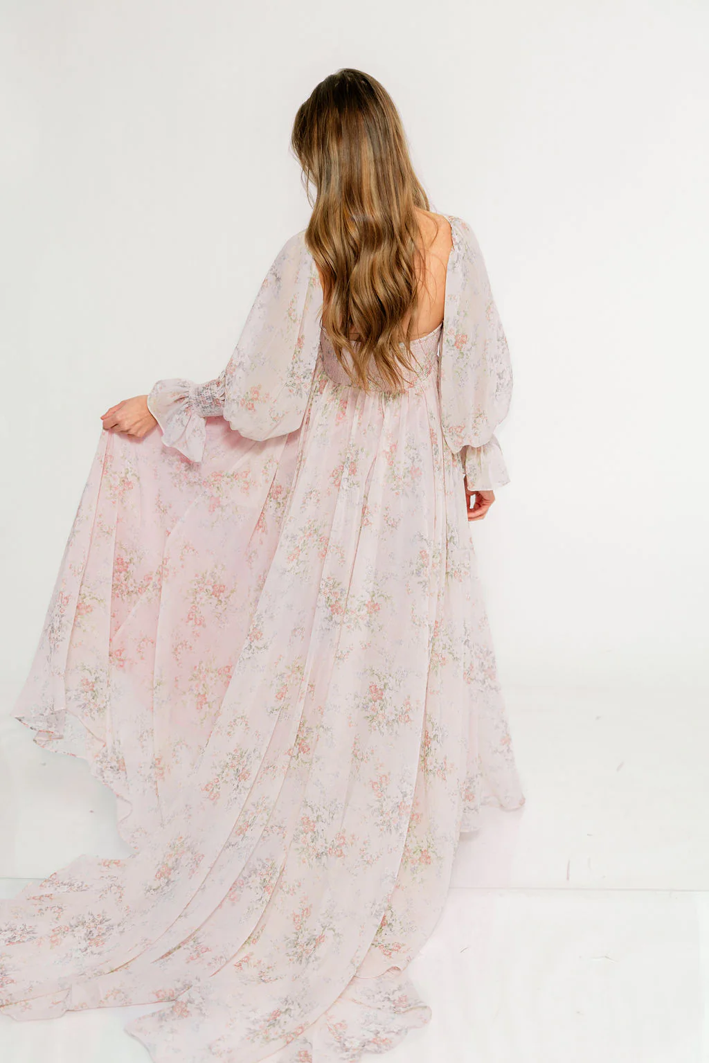 Delilah Maxi Dress with Train in Muted Blush Floral - Bump Friendly - Image 11