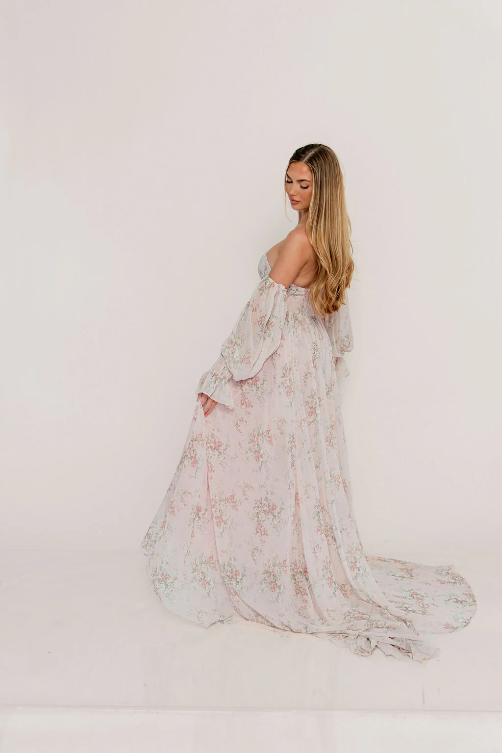 Delilah Maxi Dress with Train in Muted Blush Floral - Bump Friendly - Image 27