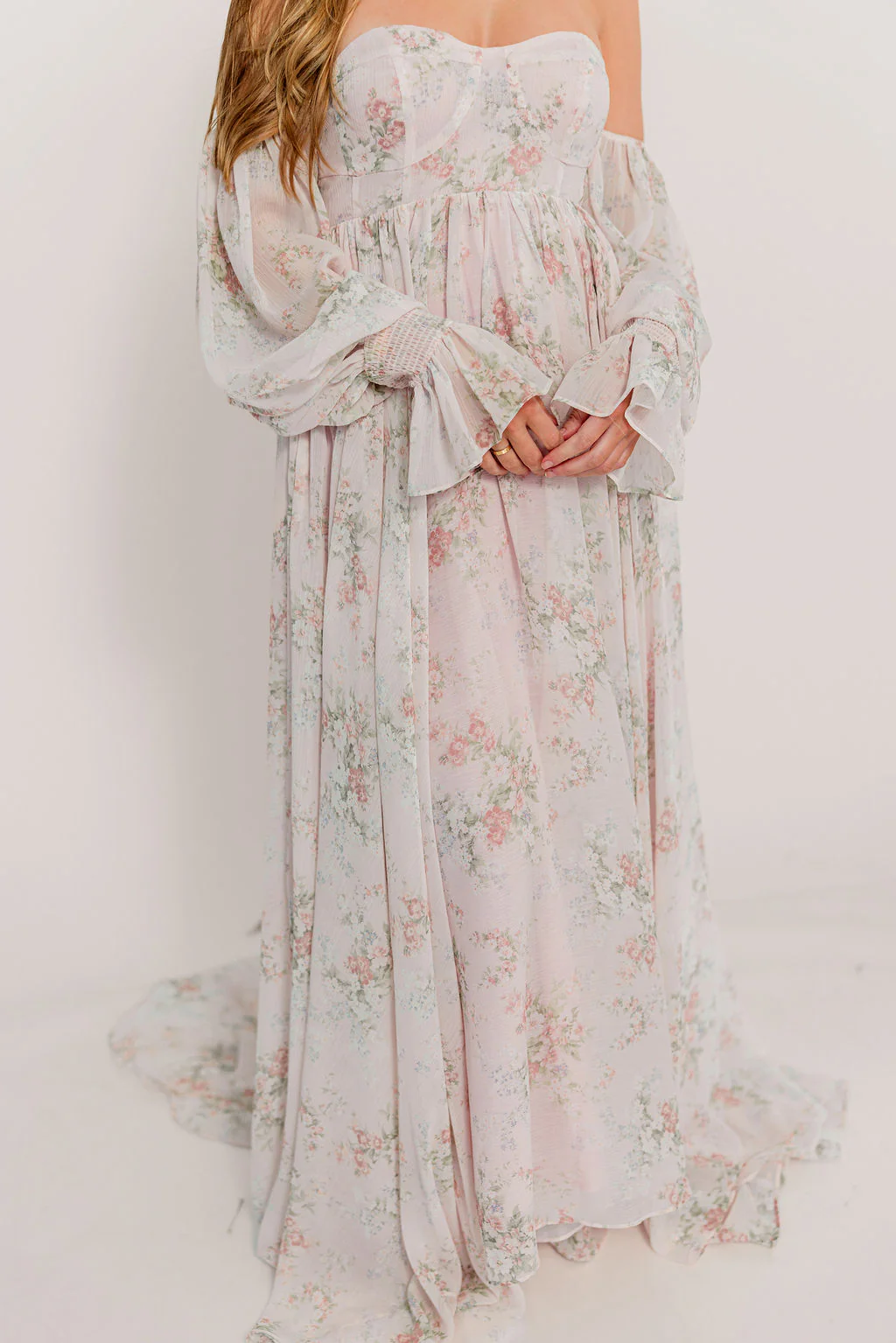Delilah Maxi Dress with Train in Muted Blush Floral - Bump Friendly - Image 31