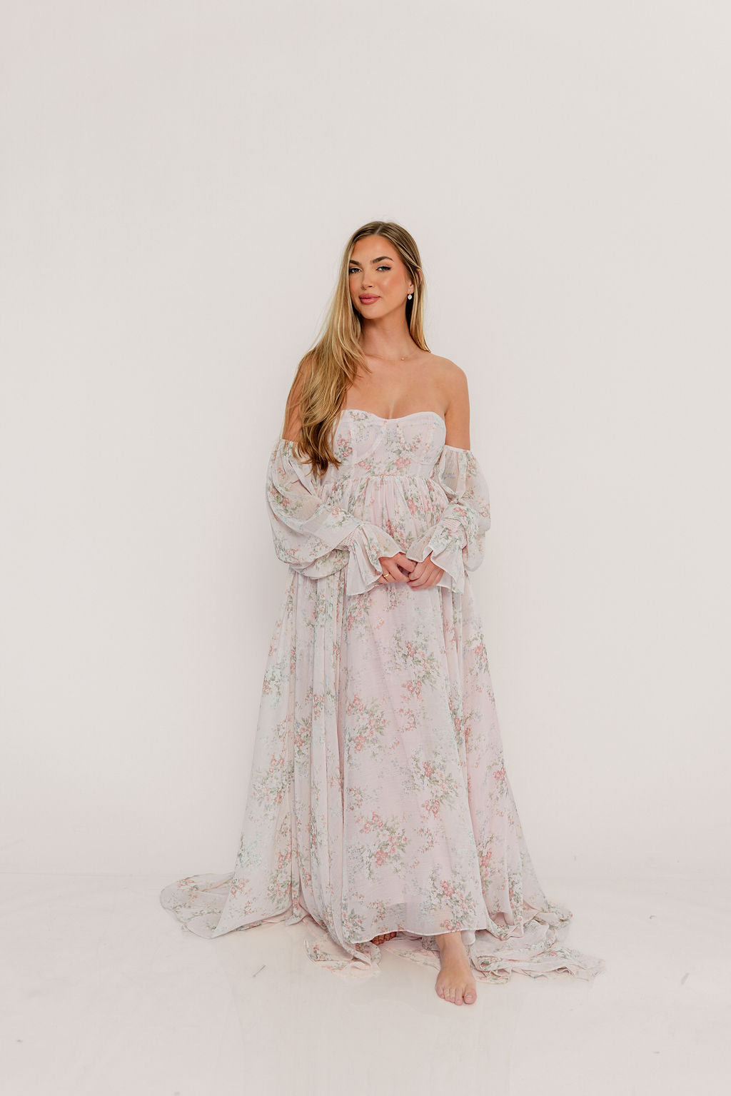 Delilah Maxi Dress with Train in Muted Blush Floral - Bump Friendly - Image 32