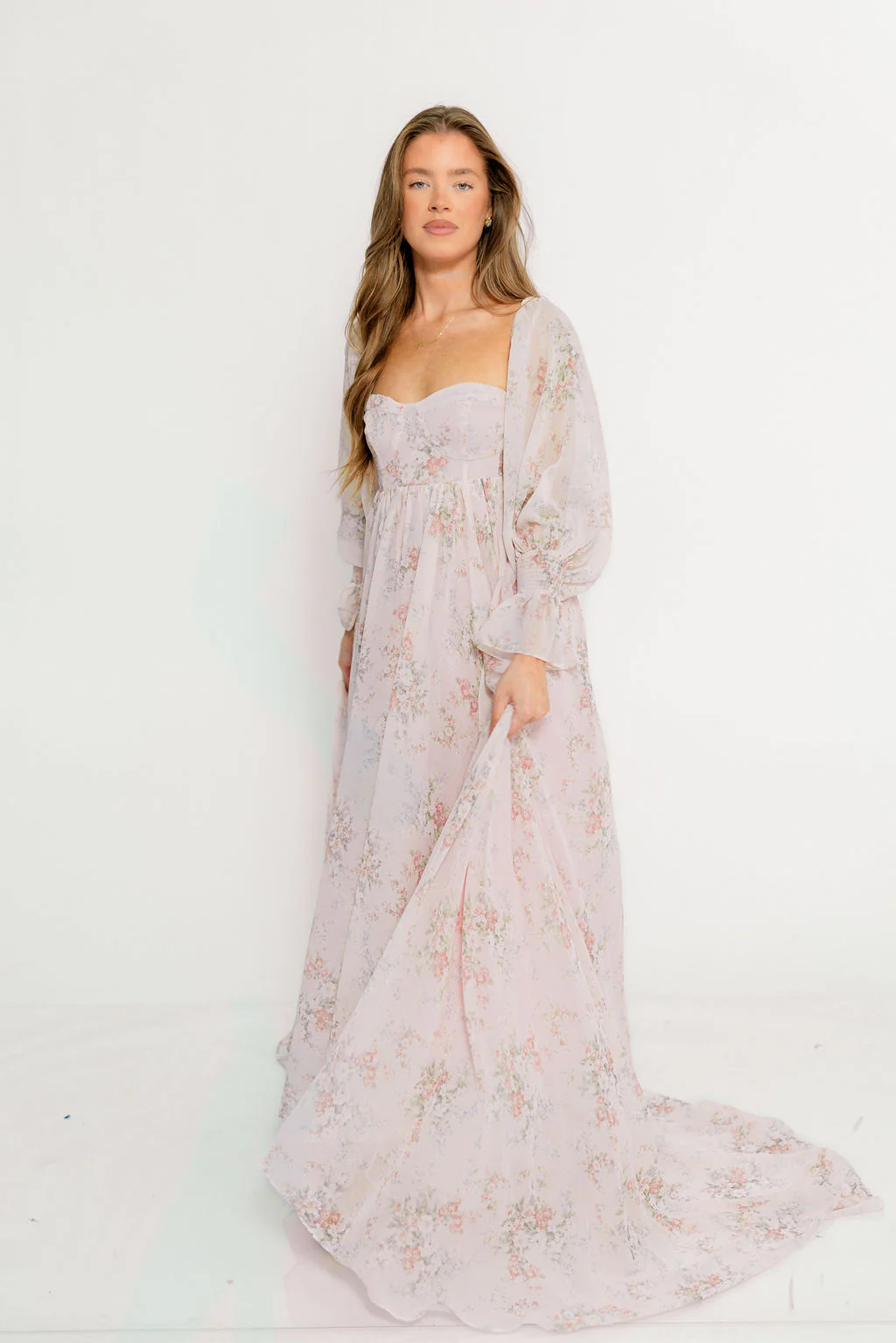Delilah Maxi Dress with Train in Muted Blush Floral - Bump Friendly - Image 9