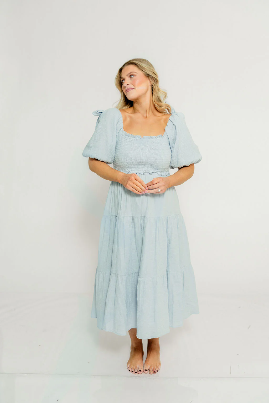 Elena 100% Cotton Midi Dress in Light Blue - Bump Friendly - Image 13