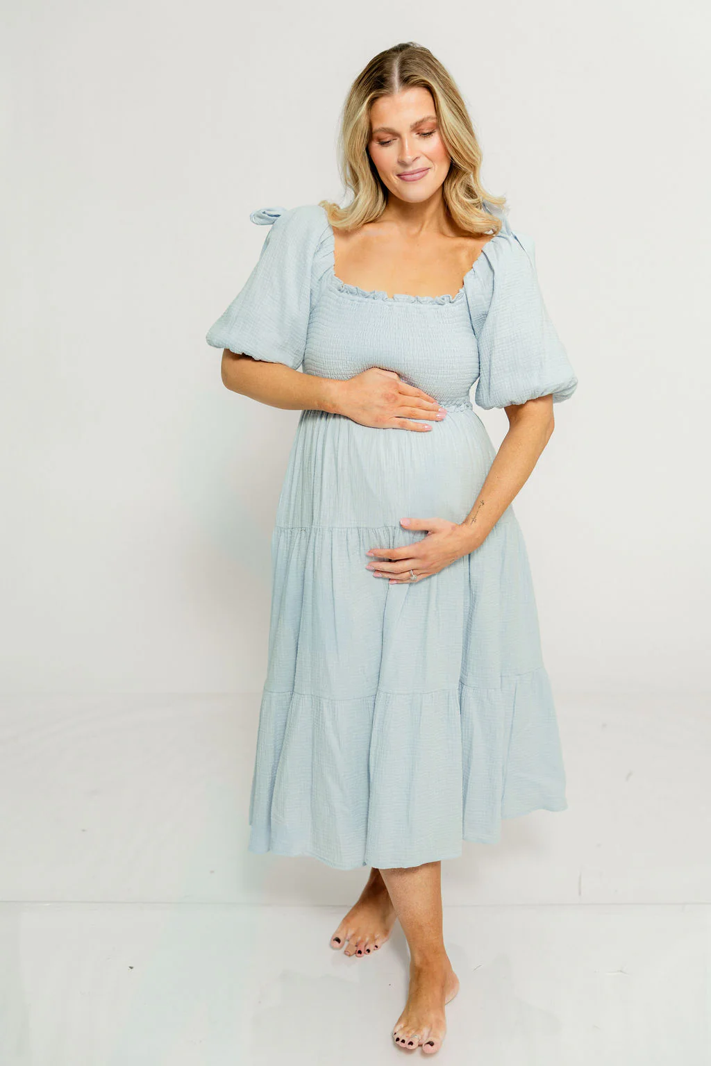 Elena 100% Cotton Midi Dress in Light Blue - Bump Friendly - Image 14