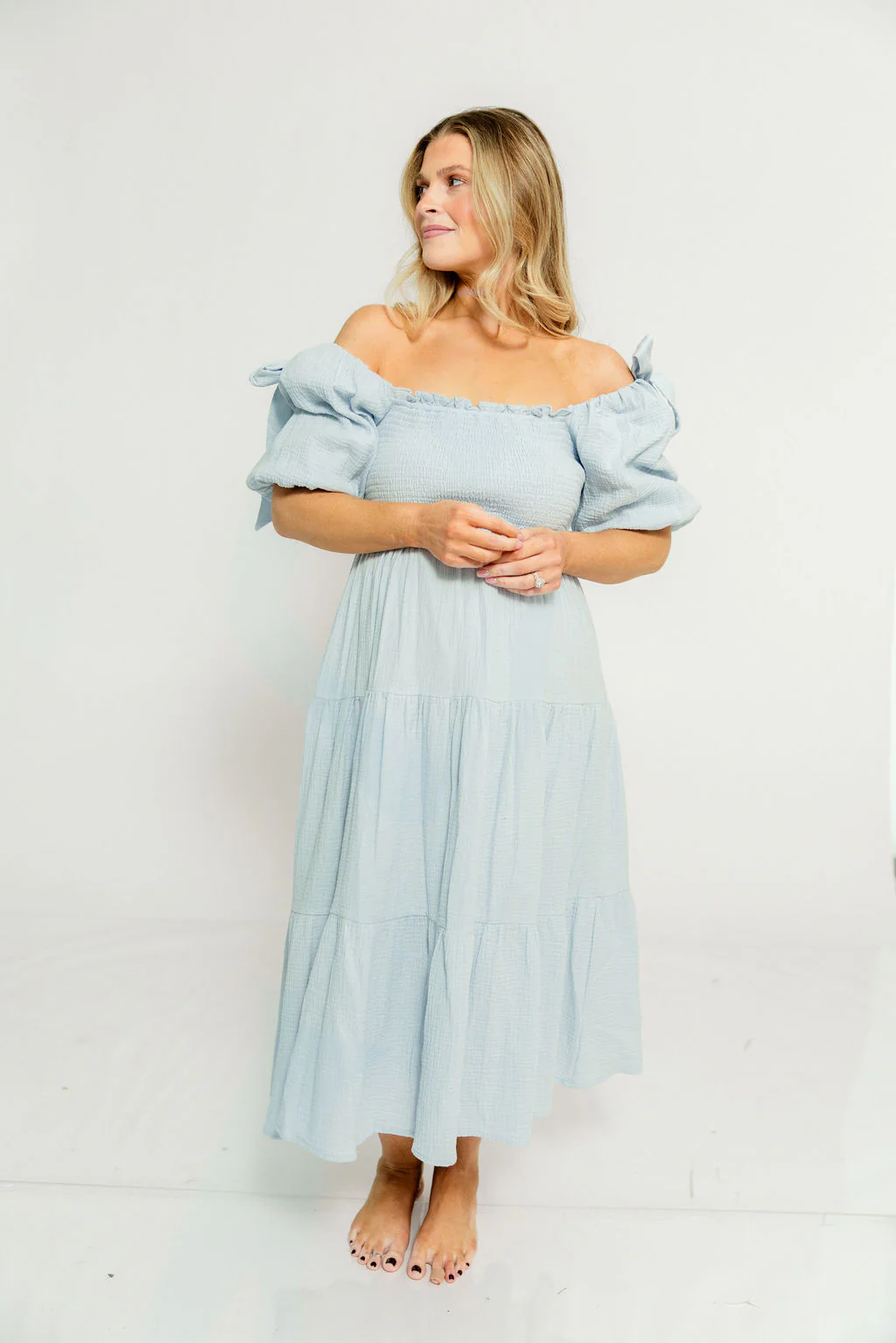 Elena 100% Cotton Midi Dress in Light Blue - Bump Friendly - Image 17
