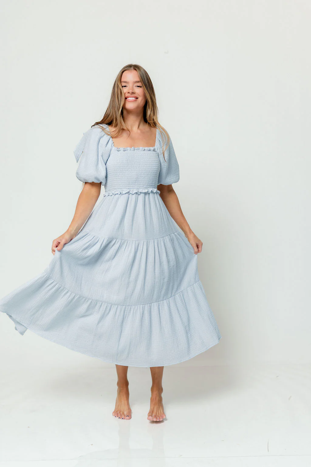 Elena 100% Cotton Midi Dress in Light Blue - Bump Friendly - Image 5