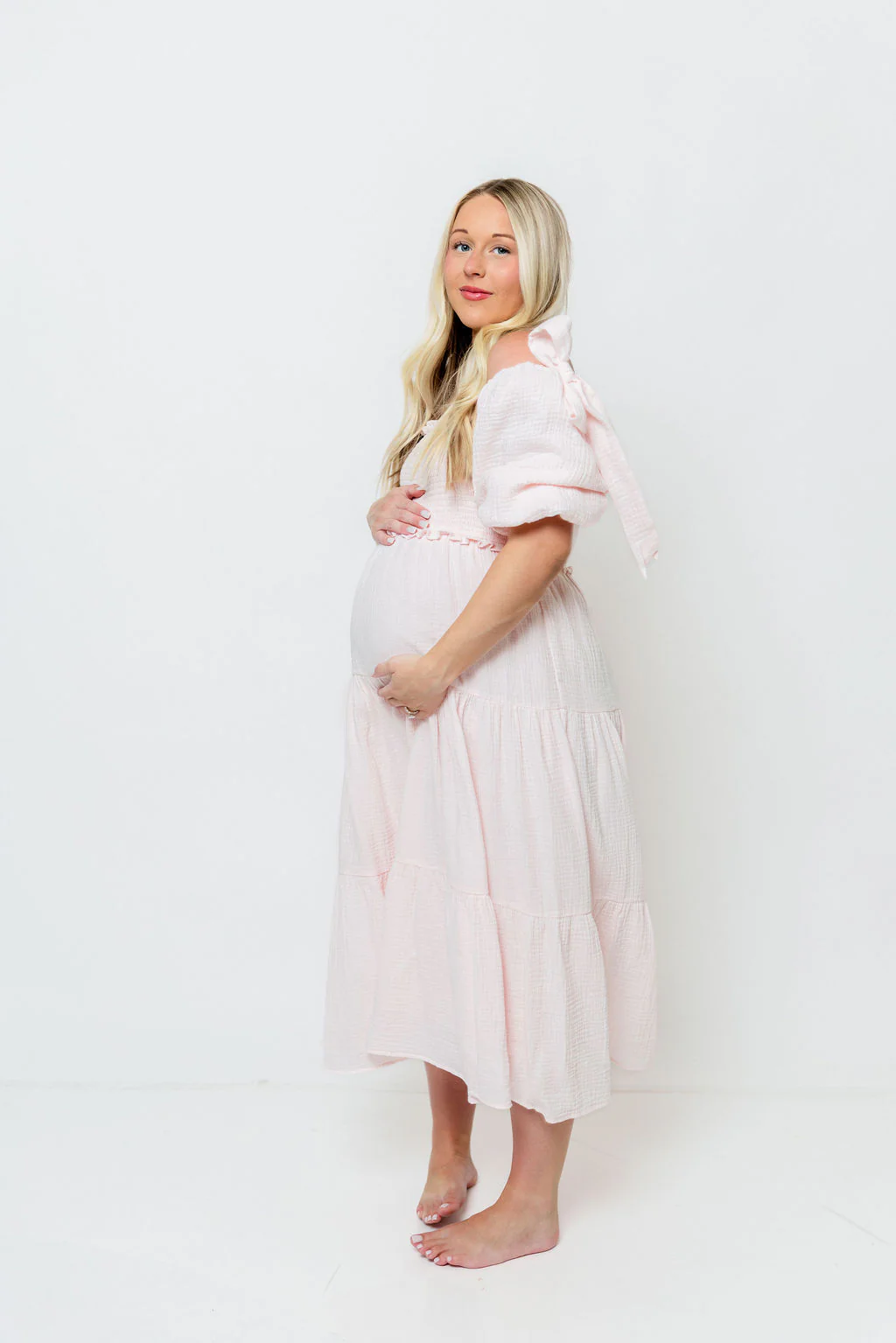 Elena 100% Cotton Midi Dress in Pale Pink - Bump Friendly - Image 14