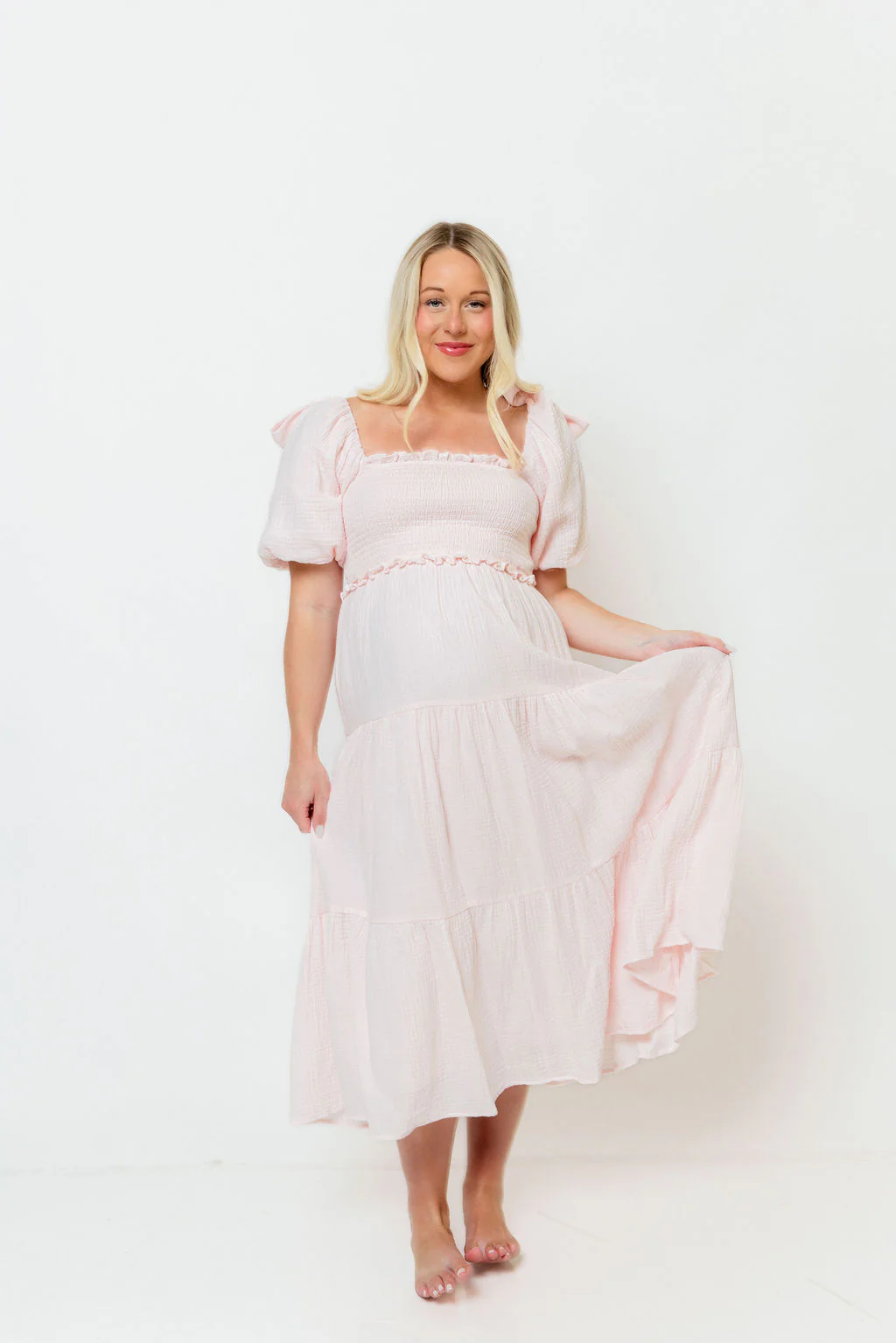 Elena 100% Cotton Midi Dress in Pale Pink - Bump Friendly - Image 18