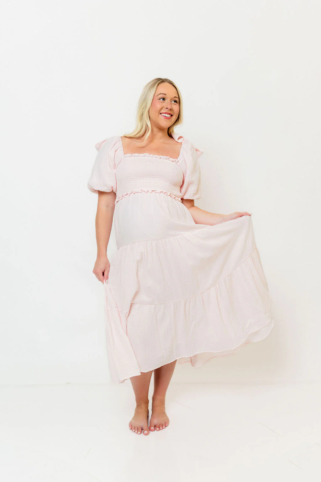 Elena 100% Cotton Midi Dress in Pale Pink - Bump Friendly - Image 20