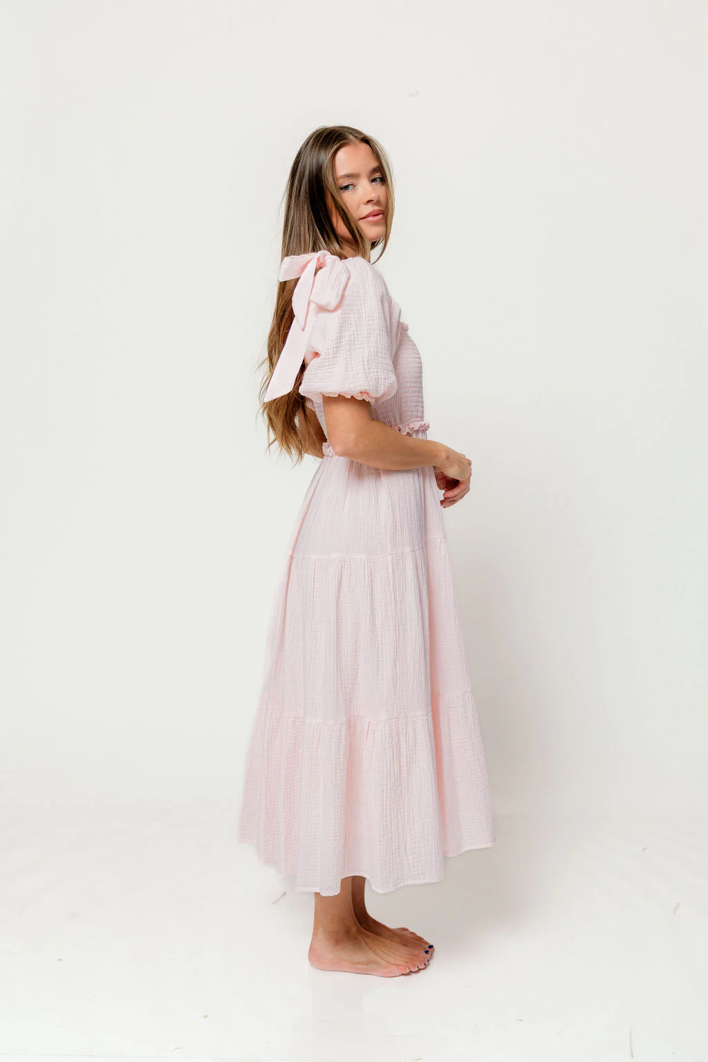 Elena 100% Cotton Midi Dress in Pale Pink - Bump Friendly - Image 6