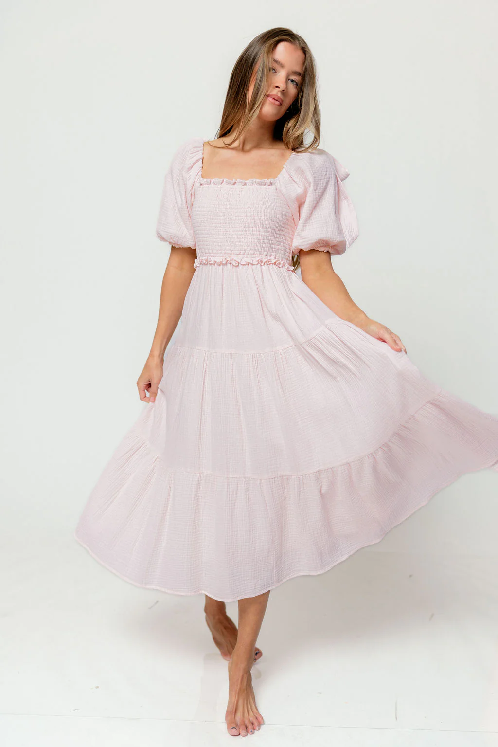 Elena 100% Cotton Midi Dress in Pale Pink - Bump Friendly - Image 7