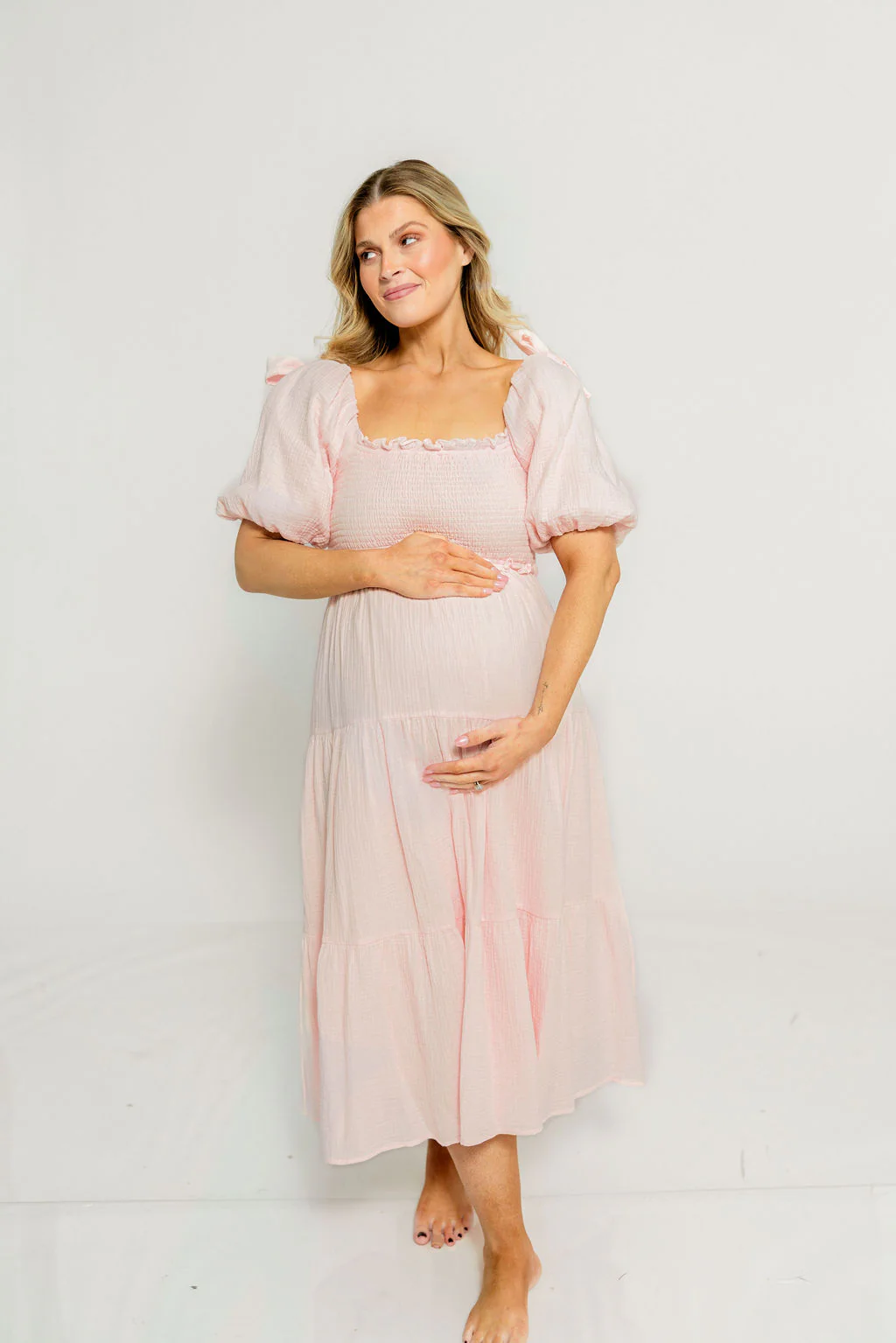 Elena 100% Cotton Midi Dress in Pale Pink - Bump Friendly - Image 8
